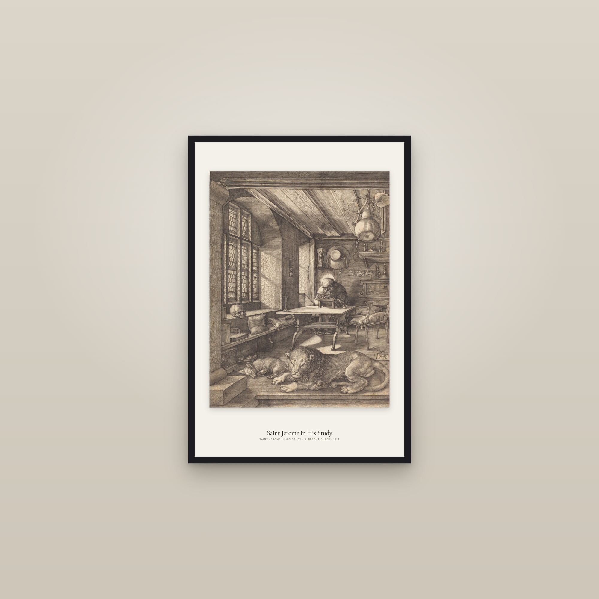 Saint Jerome in His Study (Durer) — framed in a gallery setting