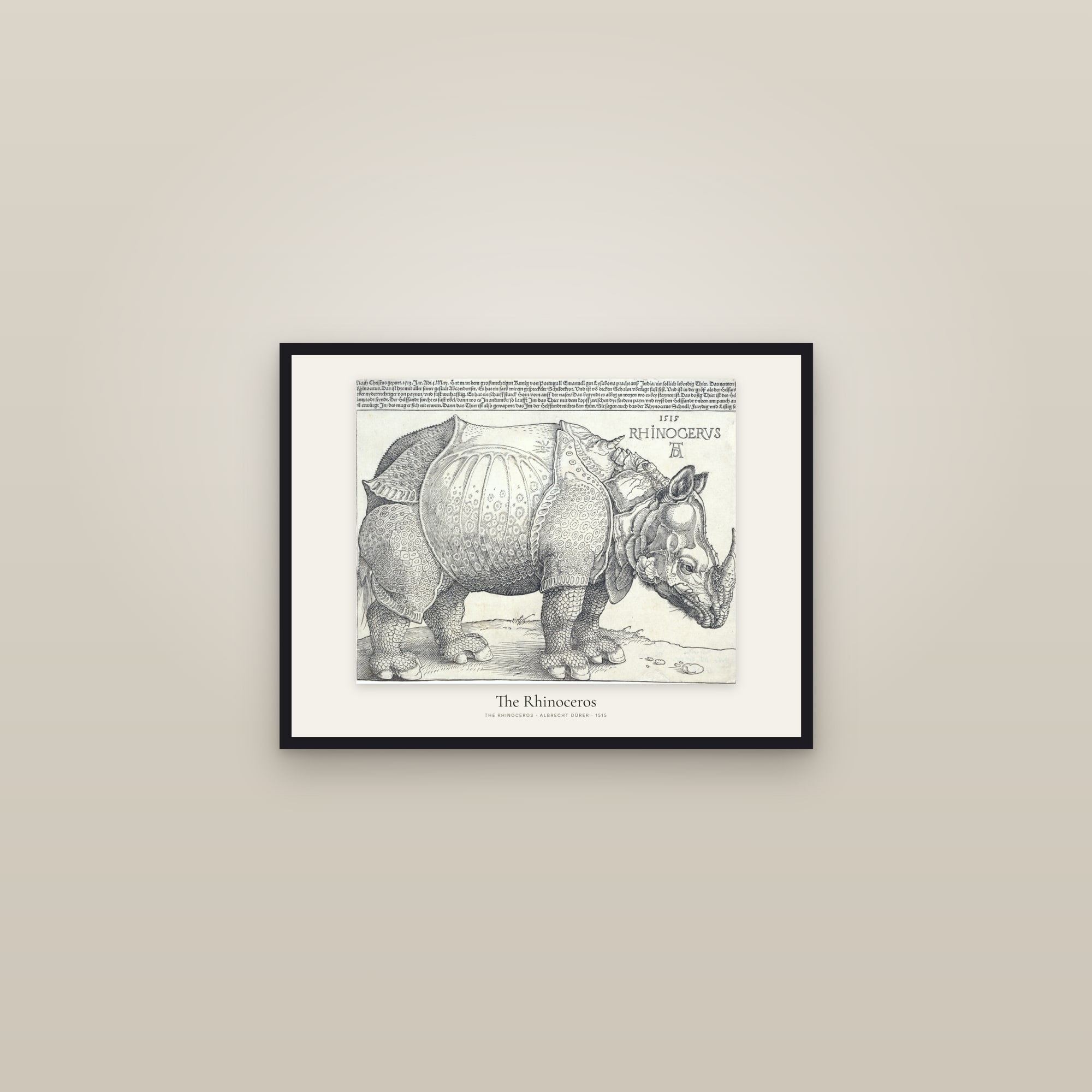 The Rhinoceros — framed in a gallery setting