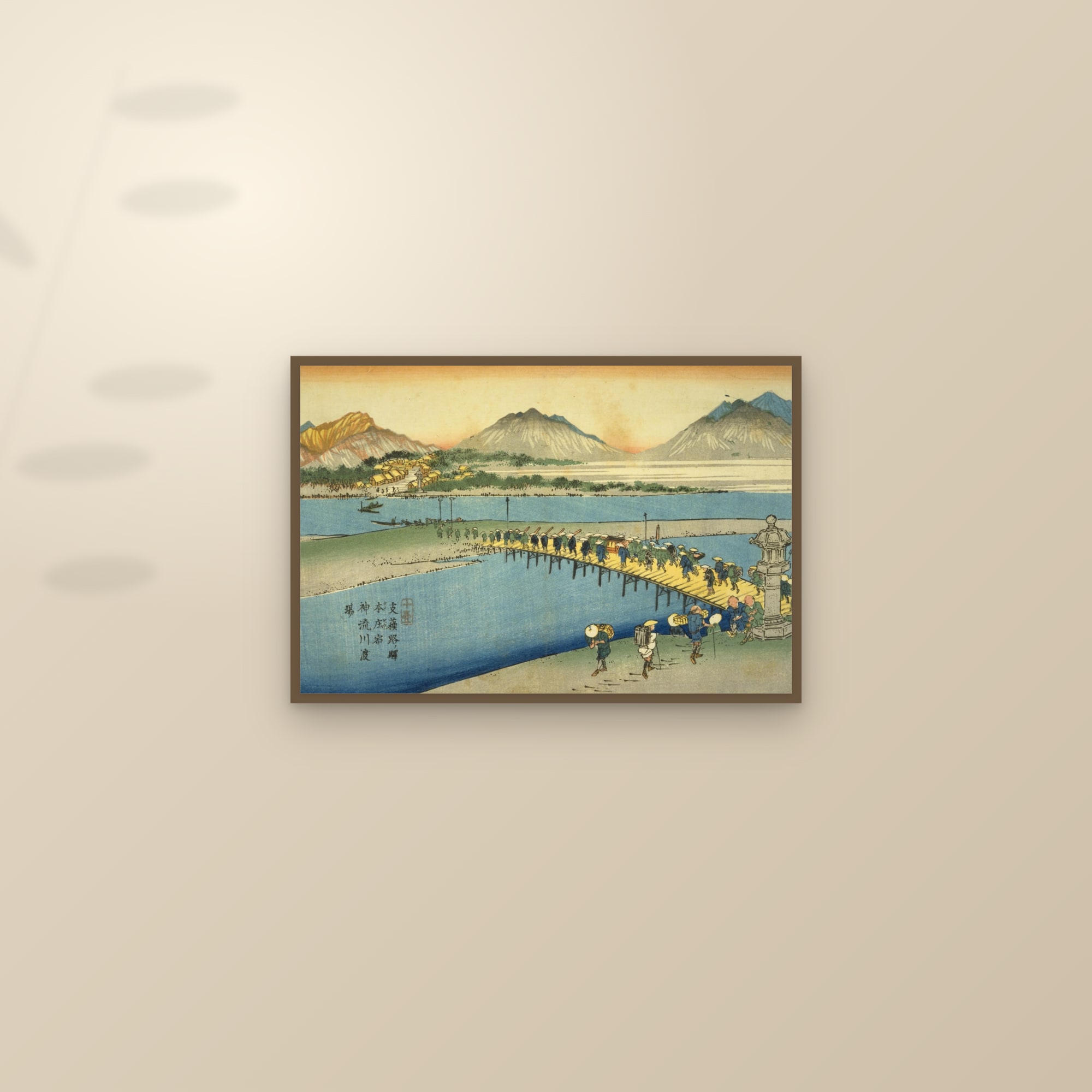Honjō: Ferry Crossing on the Kanna River (Full) — Full-Bleed Edition — framed and styled on a sunlit wall