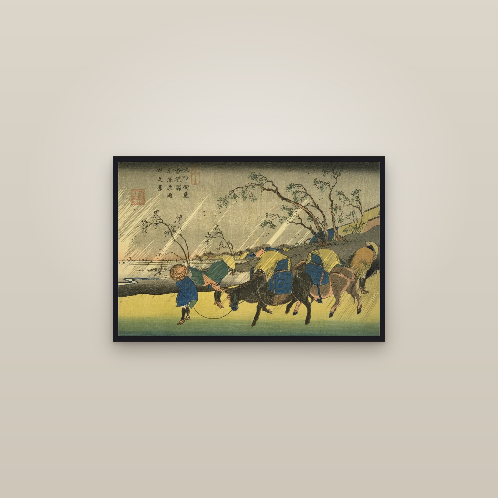 Kutsukake: Rain on the Hiratsuka Plain (Full) — Full-Bleed Edition — framed in a gallery setting