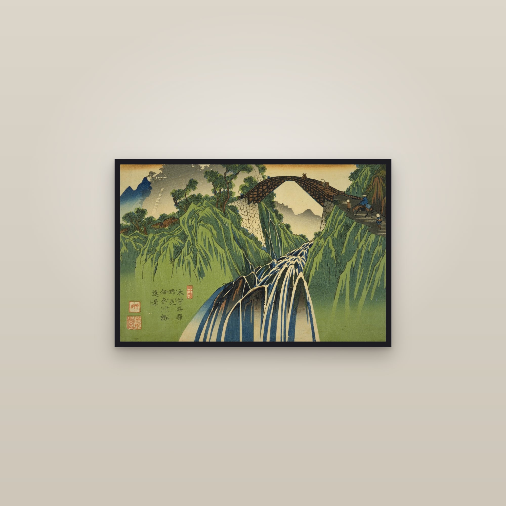 Nojiri: Distant View of the Ina River Bridge (Full) — Full-Bleed Edition — framed in a gallery setting