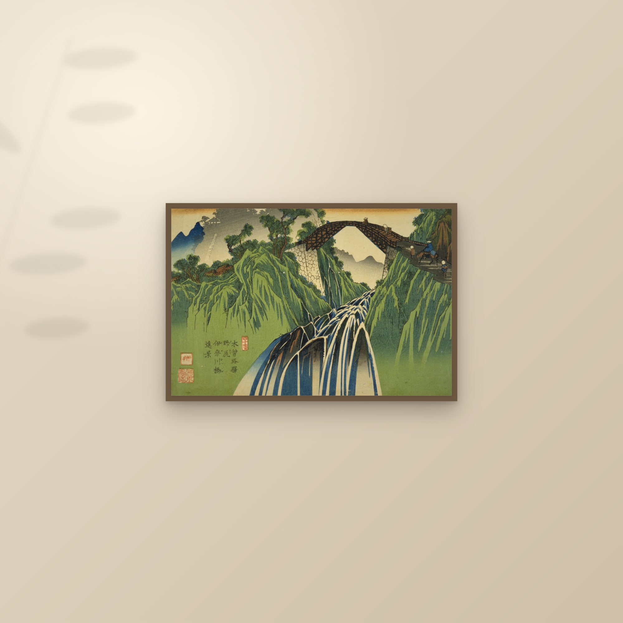 Nojiri: Distant View of the Ina River Bridge (Full) — Full-Bleed Edition — framed and styled on a sunlit wall