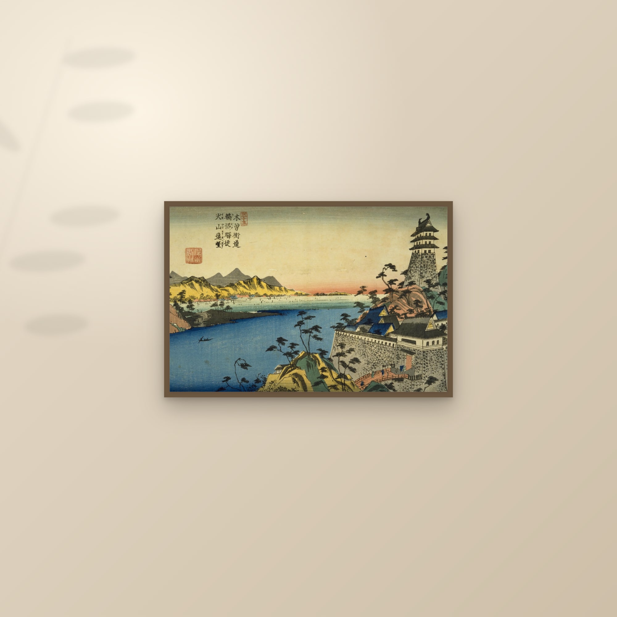 Unuma: Distant View of Inuyama Castle (Full) — Full-Bleed Edition — framed and styled on a sunlit wall