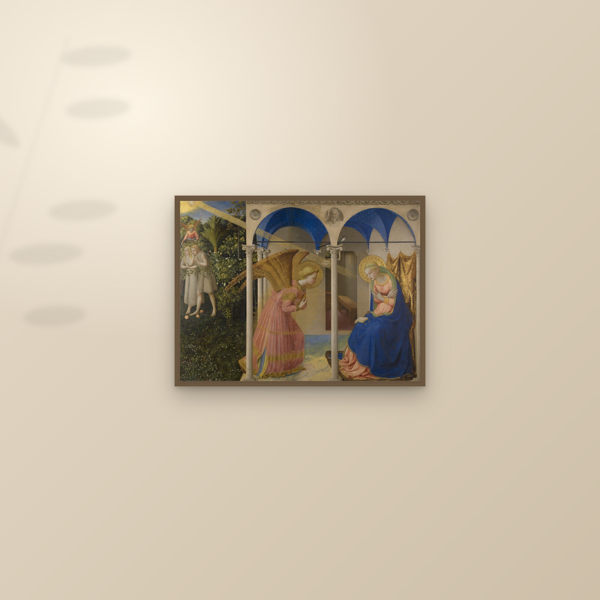 The Annunciation (Fra Angelico Full) — Full-Bleed Edition — framed and styled on a sunlit wall