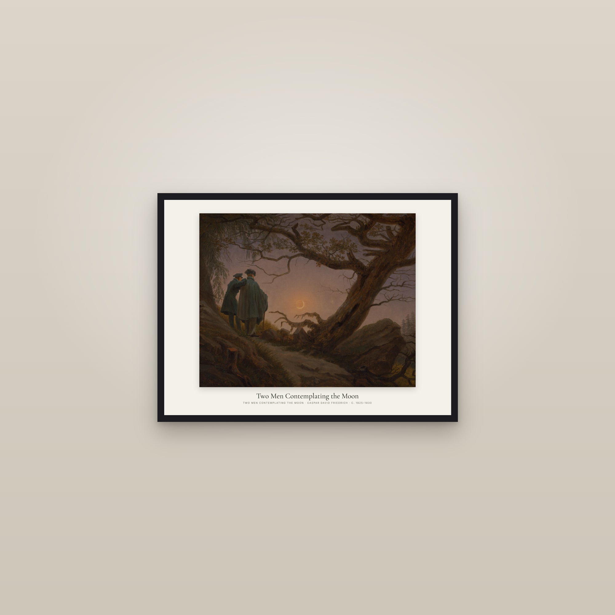 Two Men Contemplating the Moon — framed in a gallery setting
