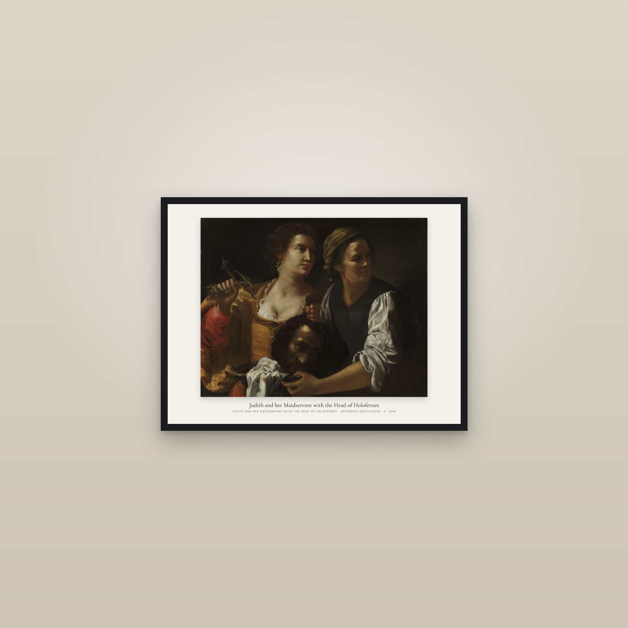 Judith and her Maidservant with the Head of Holofernes — framed in a gallery setting