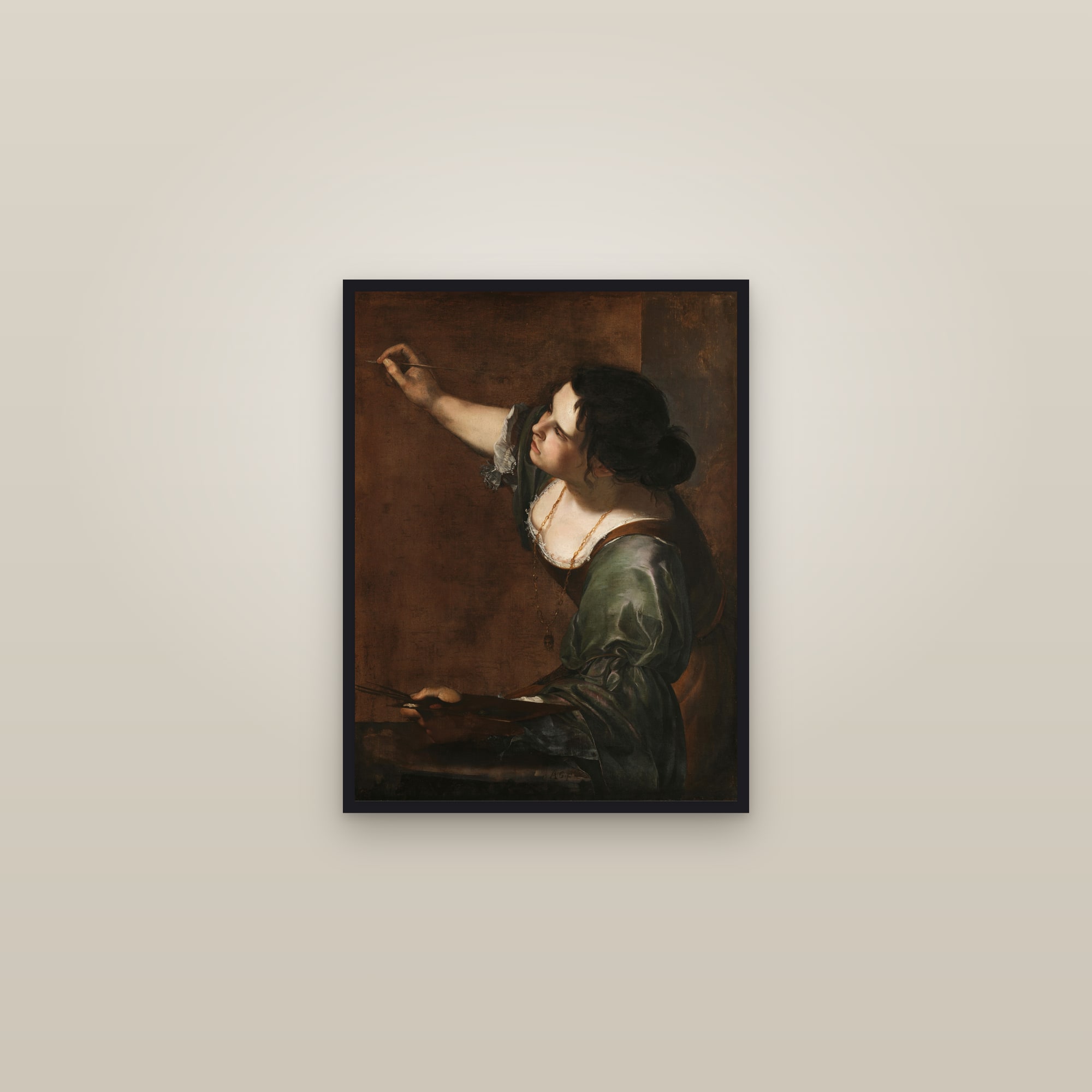 Self-Portrait as the Allegory of Painting (La Pittura) — Full-Bleed Edition — framed in a gallery setting