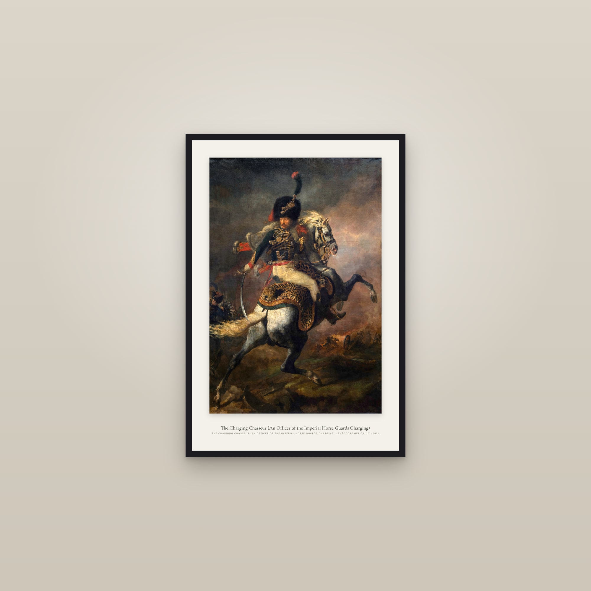 The Charging Chasseur (An Officer of the Imperial Horse Guards Charging) — framed in a gallery setting