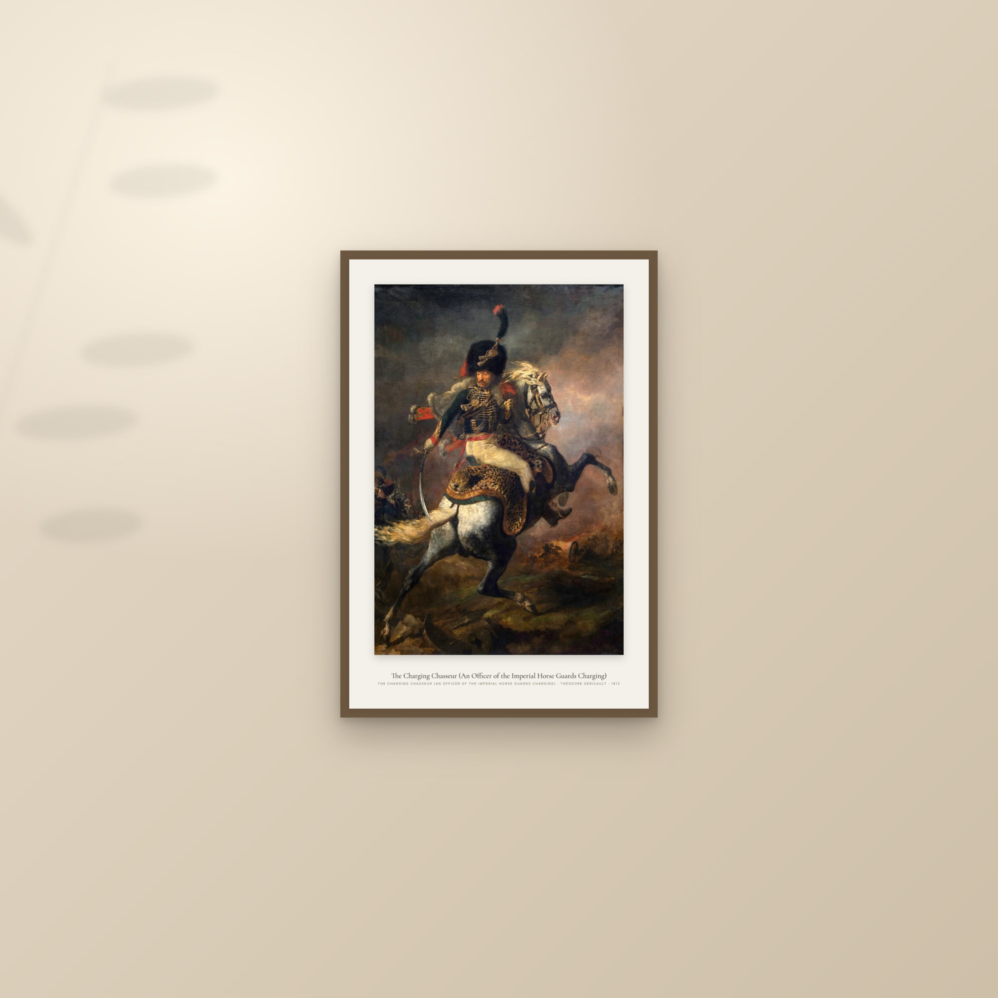The Charging Chasseur (An Officer of the Imperial Horse Guards Charging) — framed and styled on a sunlit wall