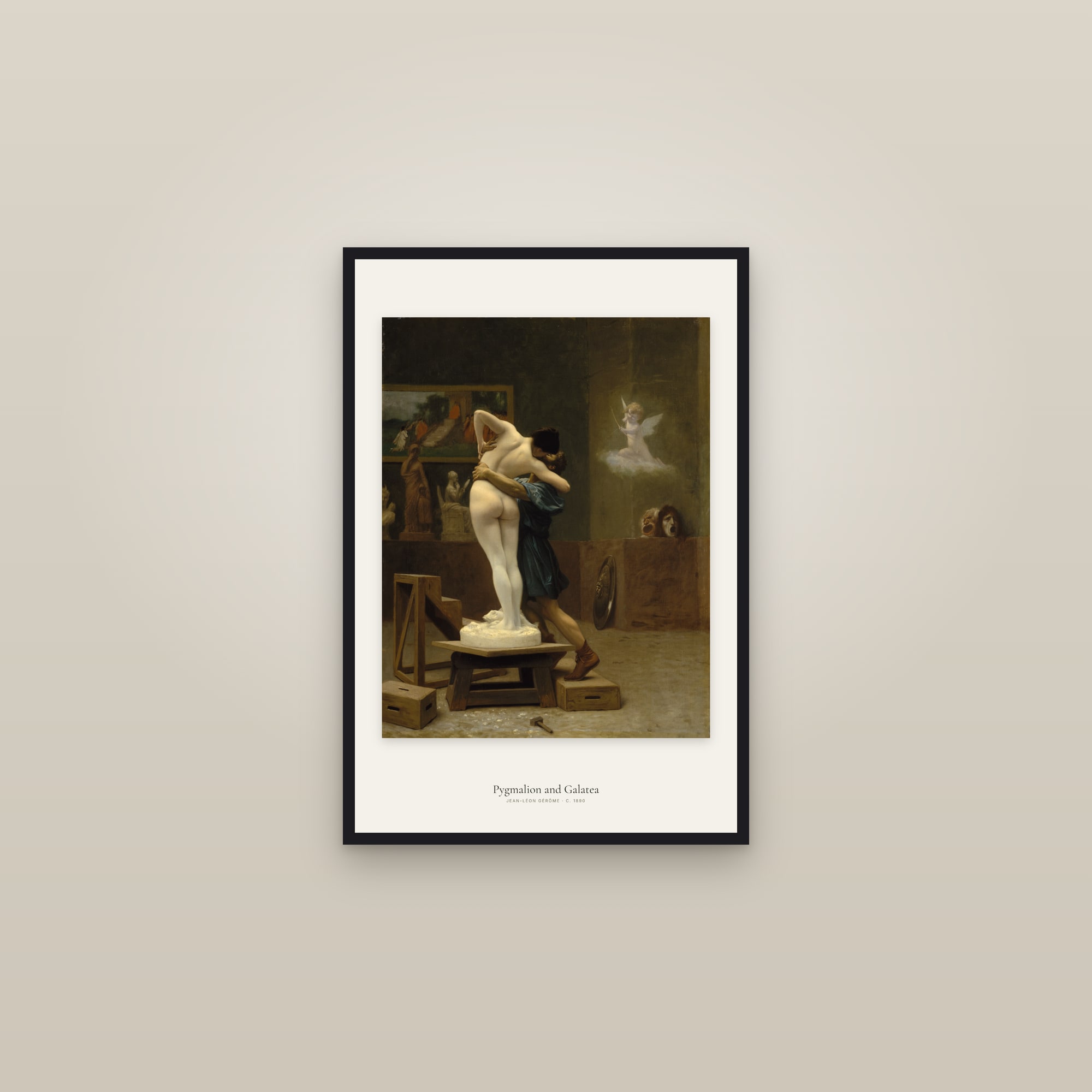 Pygmalion and Galatea — framed in a gallery setting