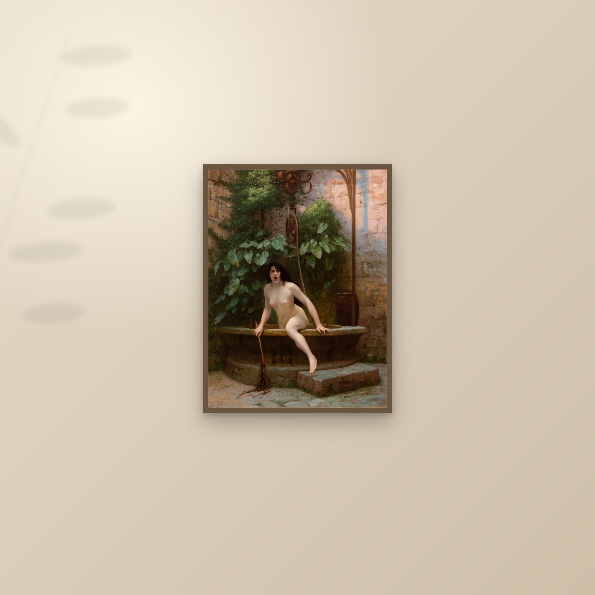 Truth Coming Out of Her Well (Full) — Full-Bleed Edition — framed and styled on a sunlit wall