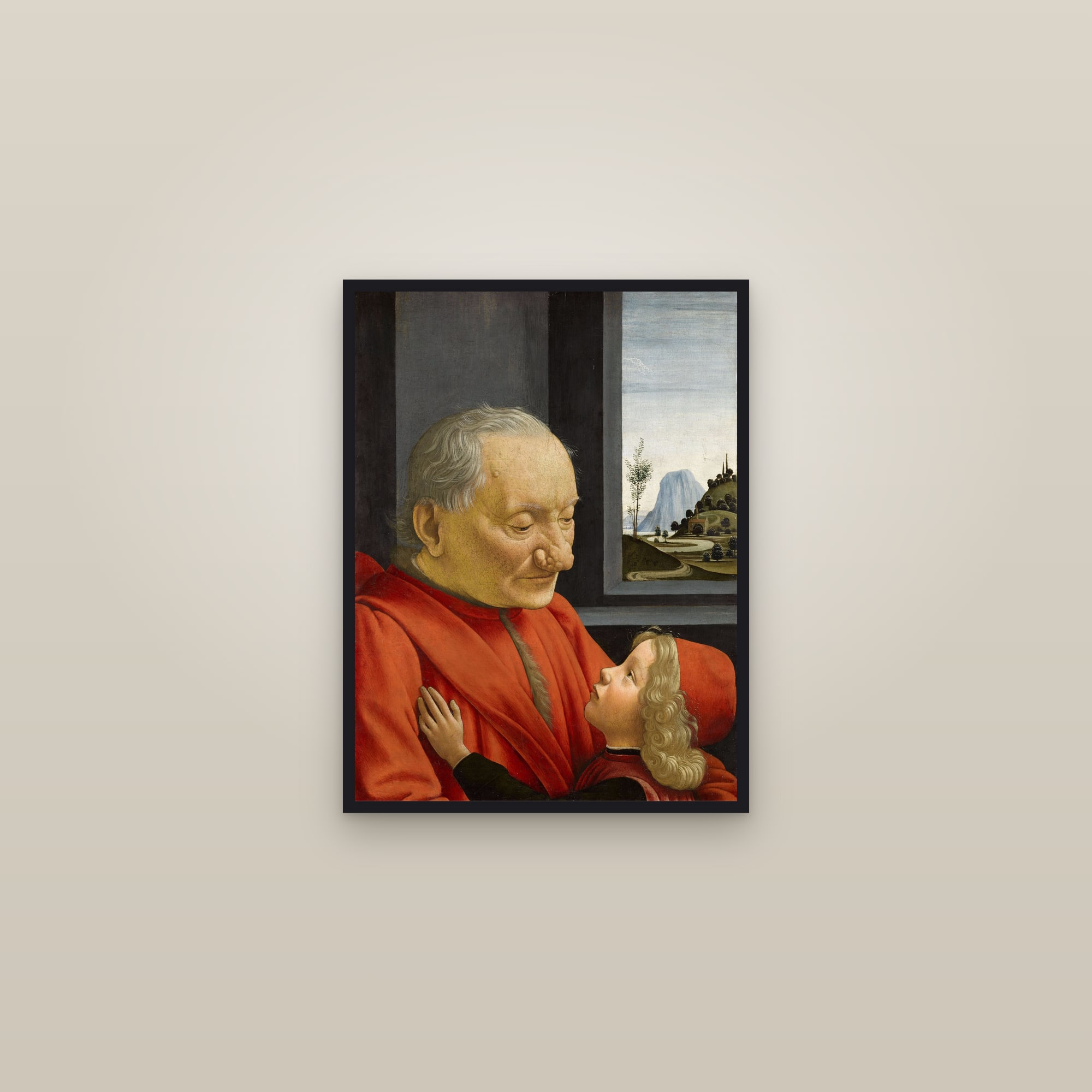 An Old Man and His Grandson (Full) — Full-Bleed Edition — framed in a gallery setting