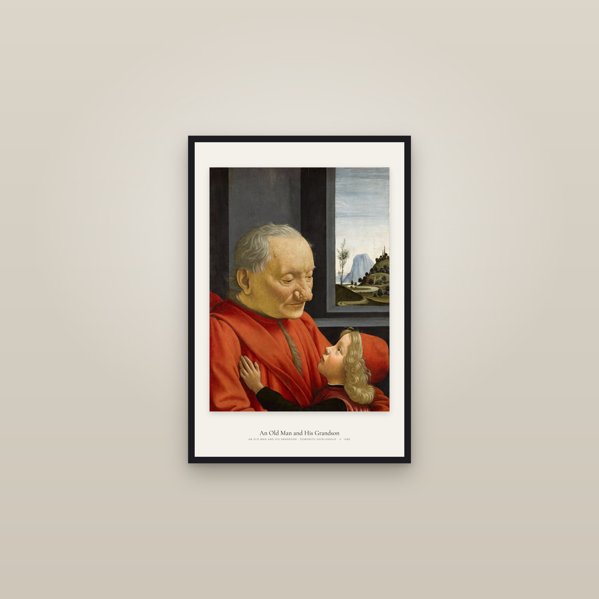 An Old Man and His Grandson — framed in a gallery setting