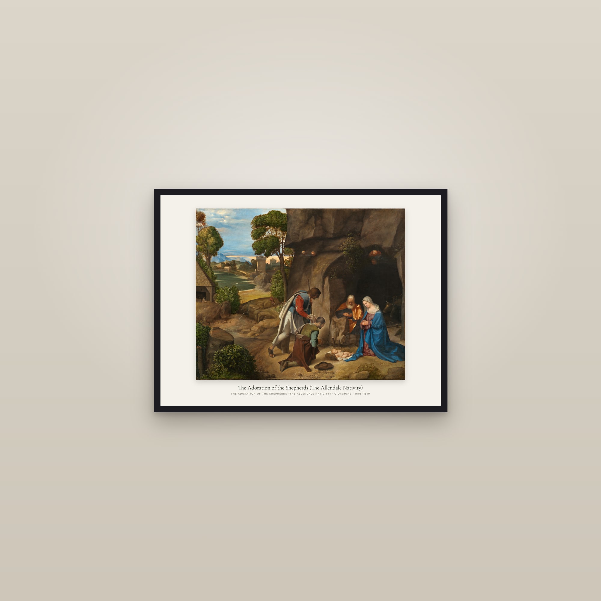 The Adoration of the Shepherds (The Allendale Nativity) — framed in a gallery setting