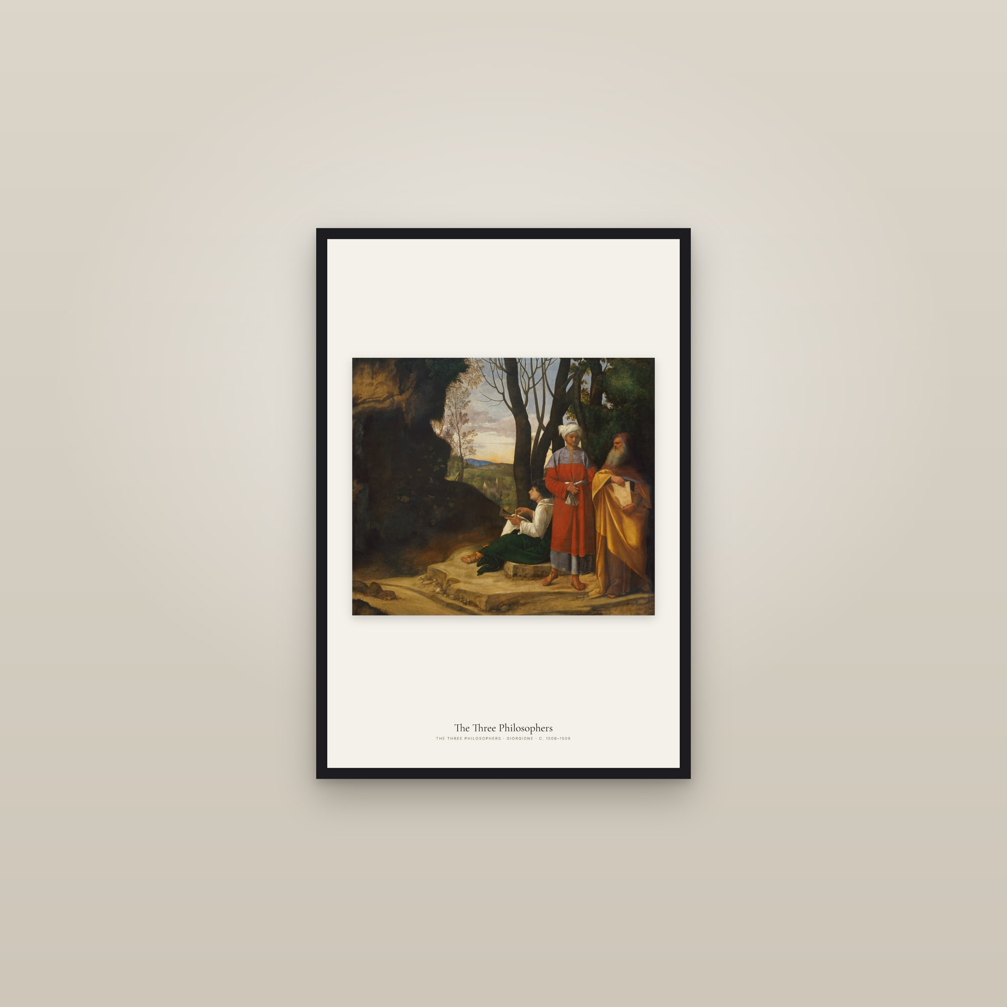 The Three Philosophers — framed in a gallery setting