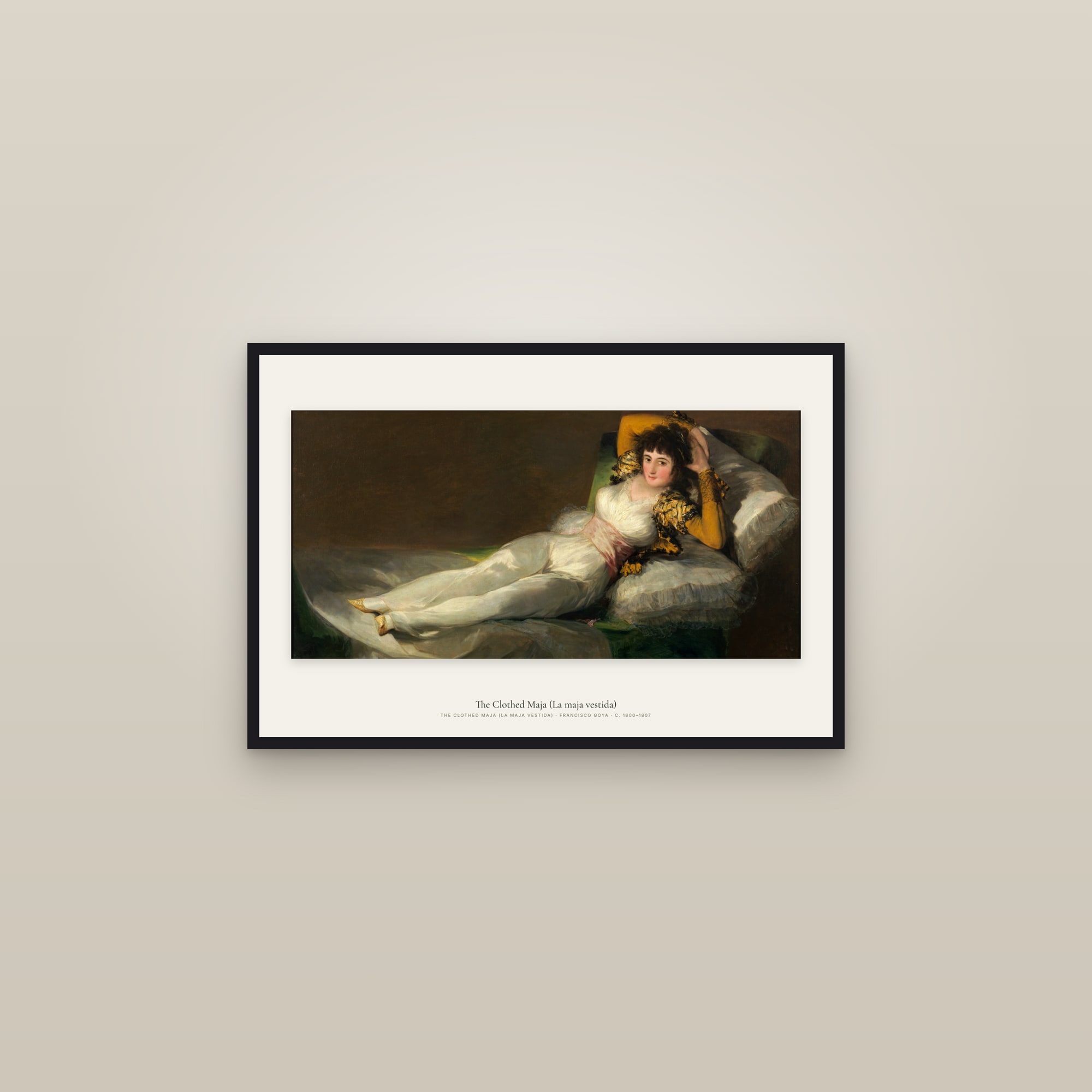 The Clothed Maja (La maja vestida) — framed in a gallery setting