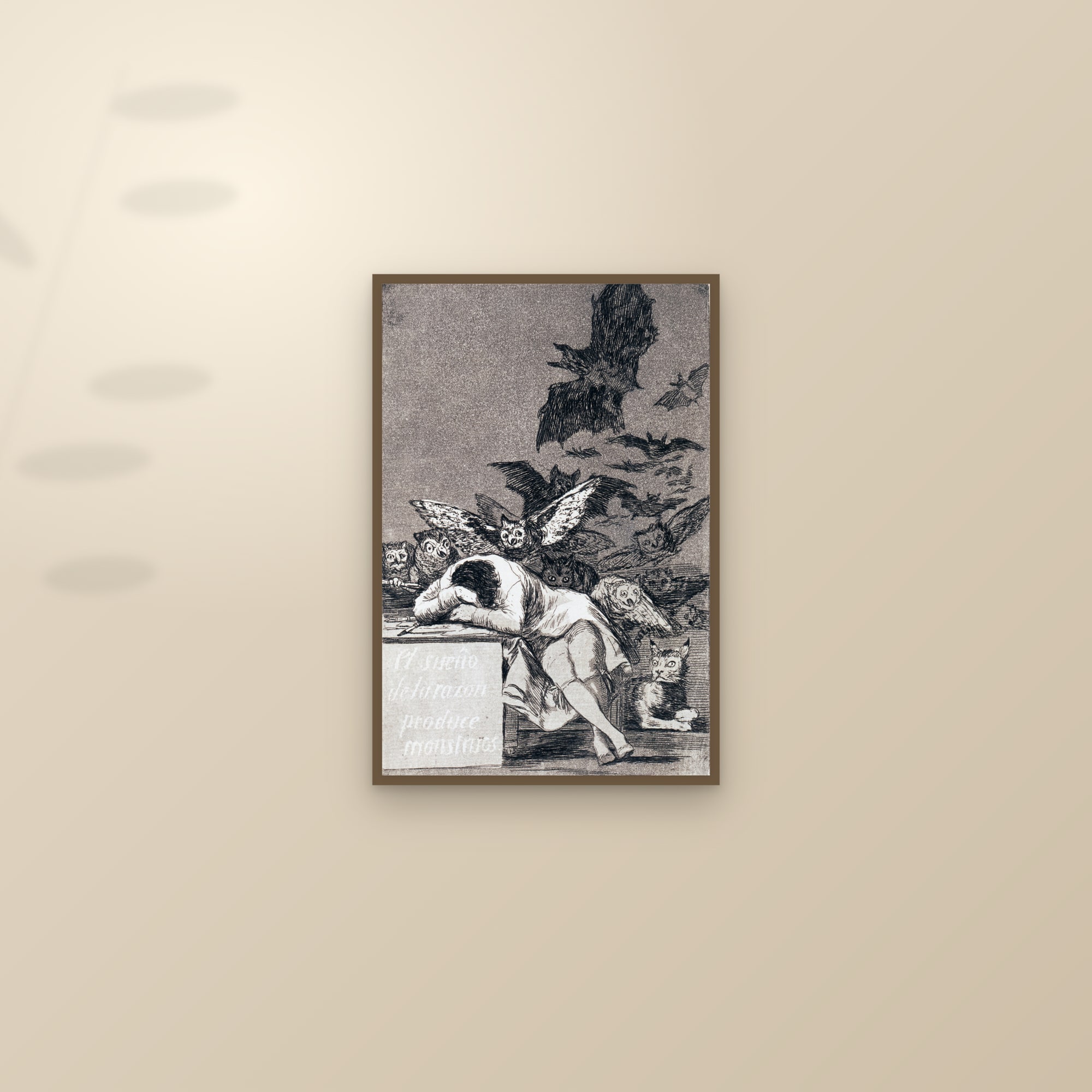 The Sleep of Reason Produces Monsters (Full) — Full-Bleed Edition — framed and styled on a sunlit wall