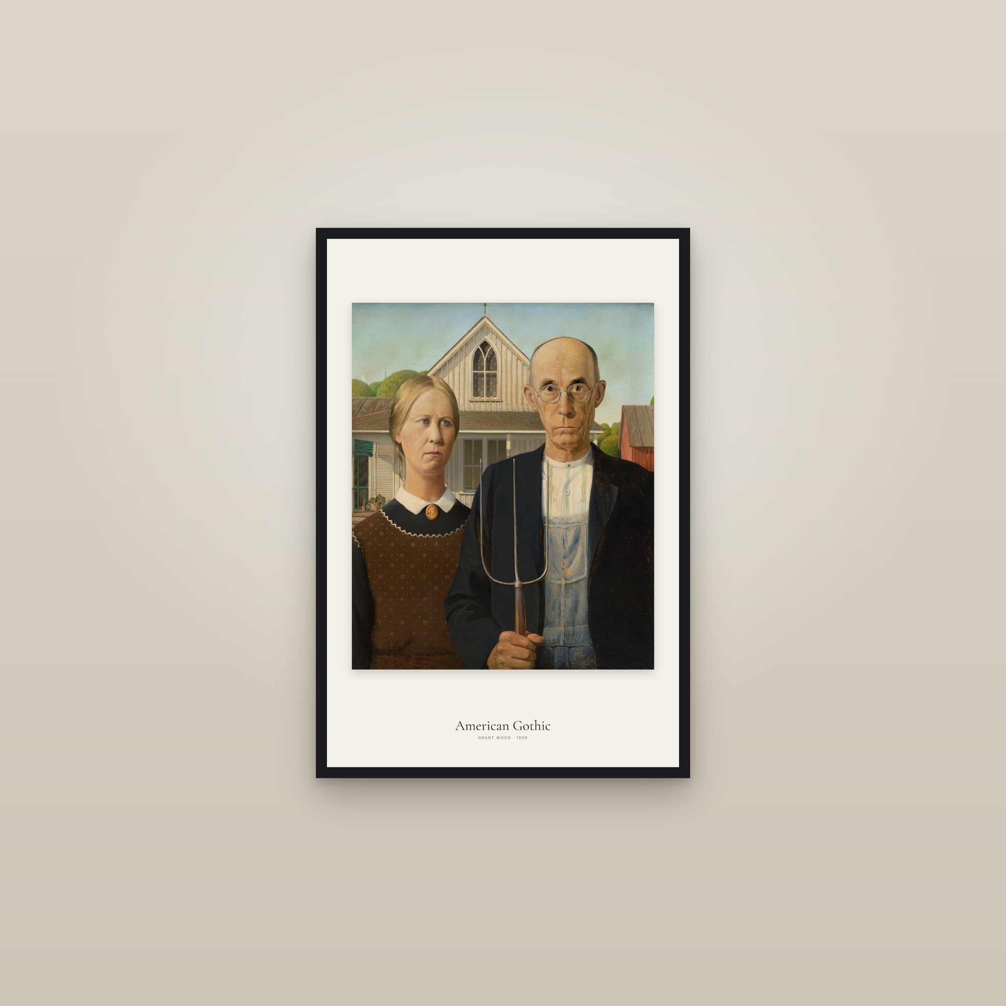 American Gothic — framed in a gallery setting