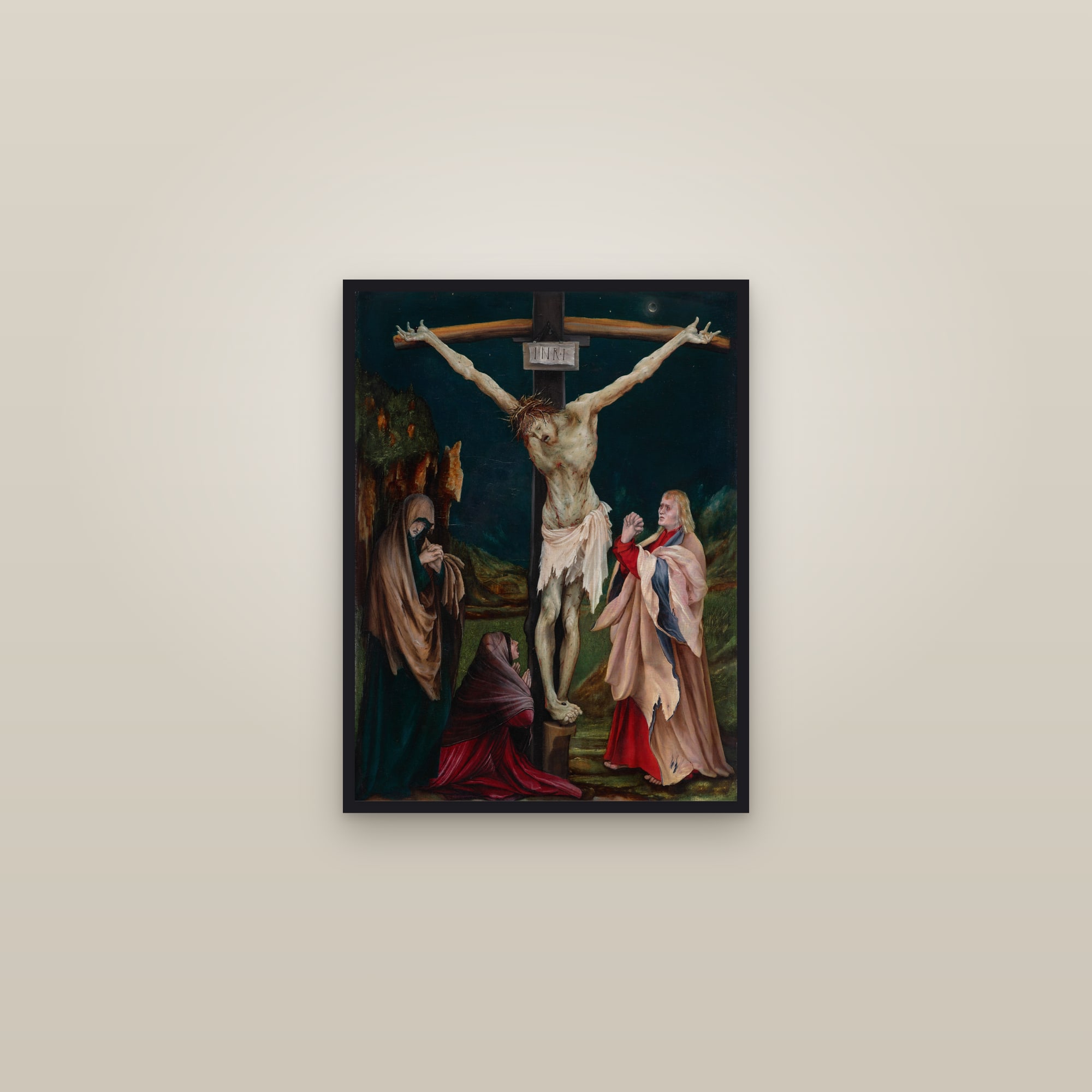 The Small Crucifixion (Full) — Full-Bleed Edition — framed in a gallery setting