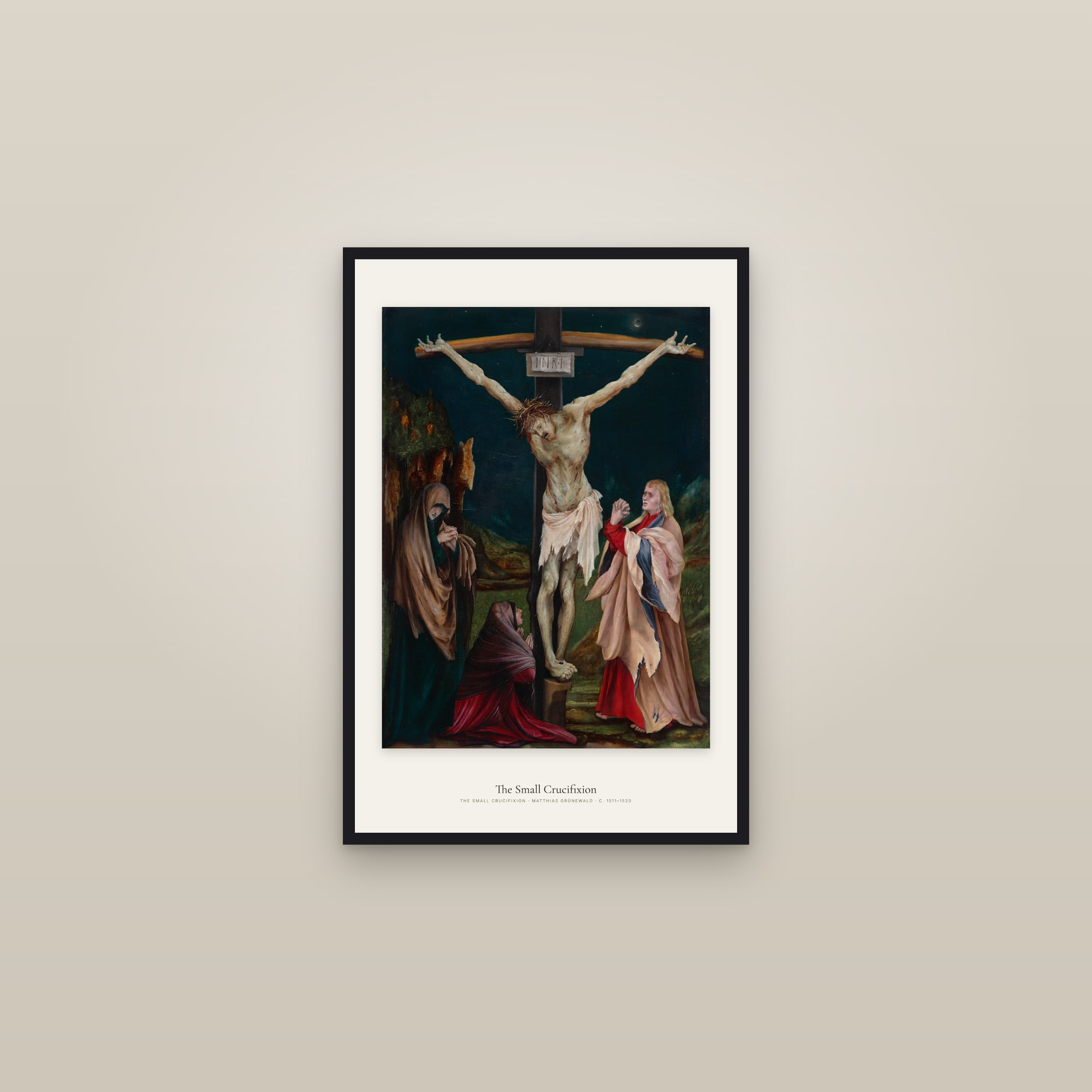 The Small Crucifixion — framed in a gallery setting