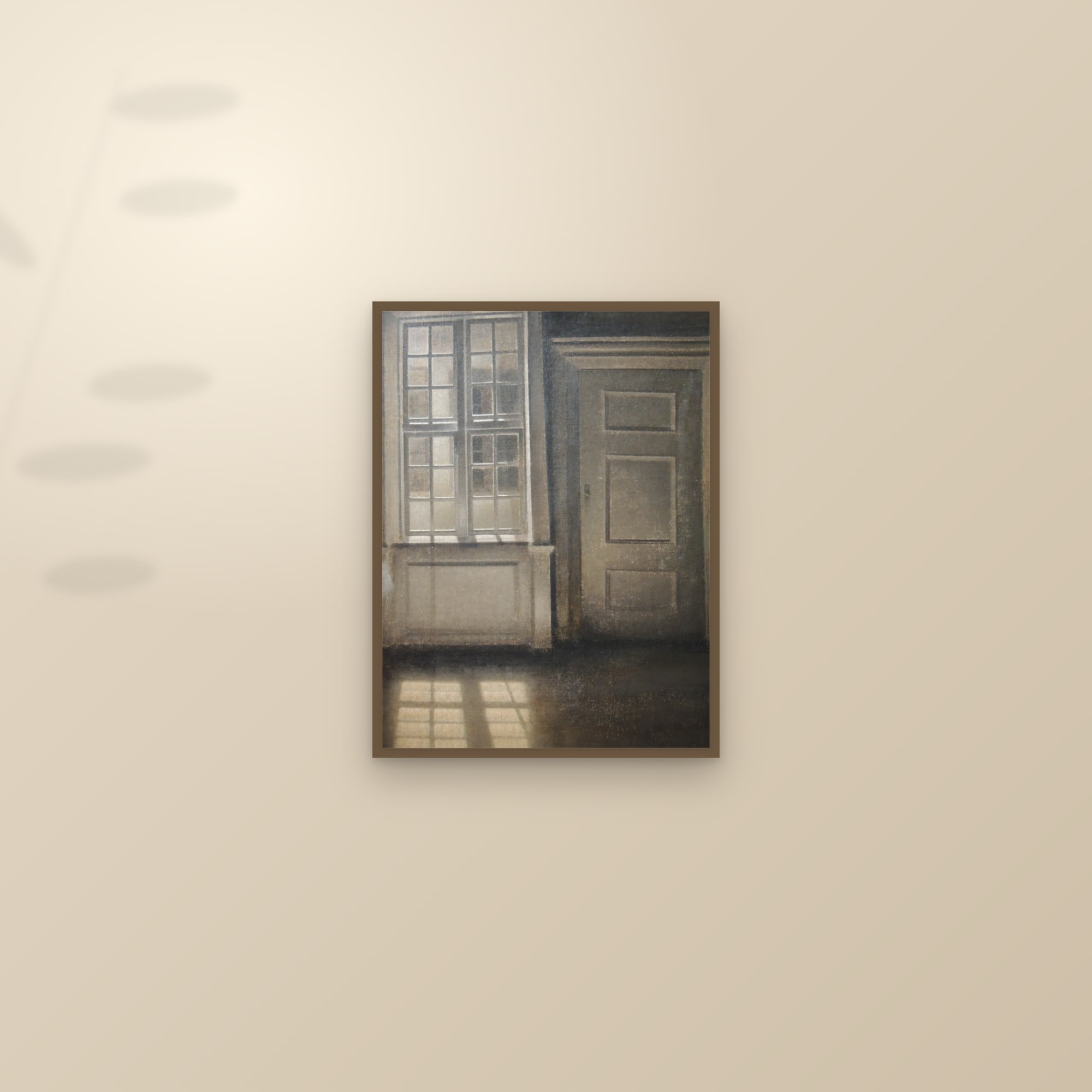 Interior, Sunlight on the Floor (Full) — Full-Bleed Edition — framed and styled on a sunlit wall