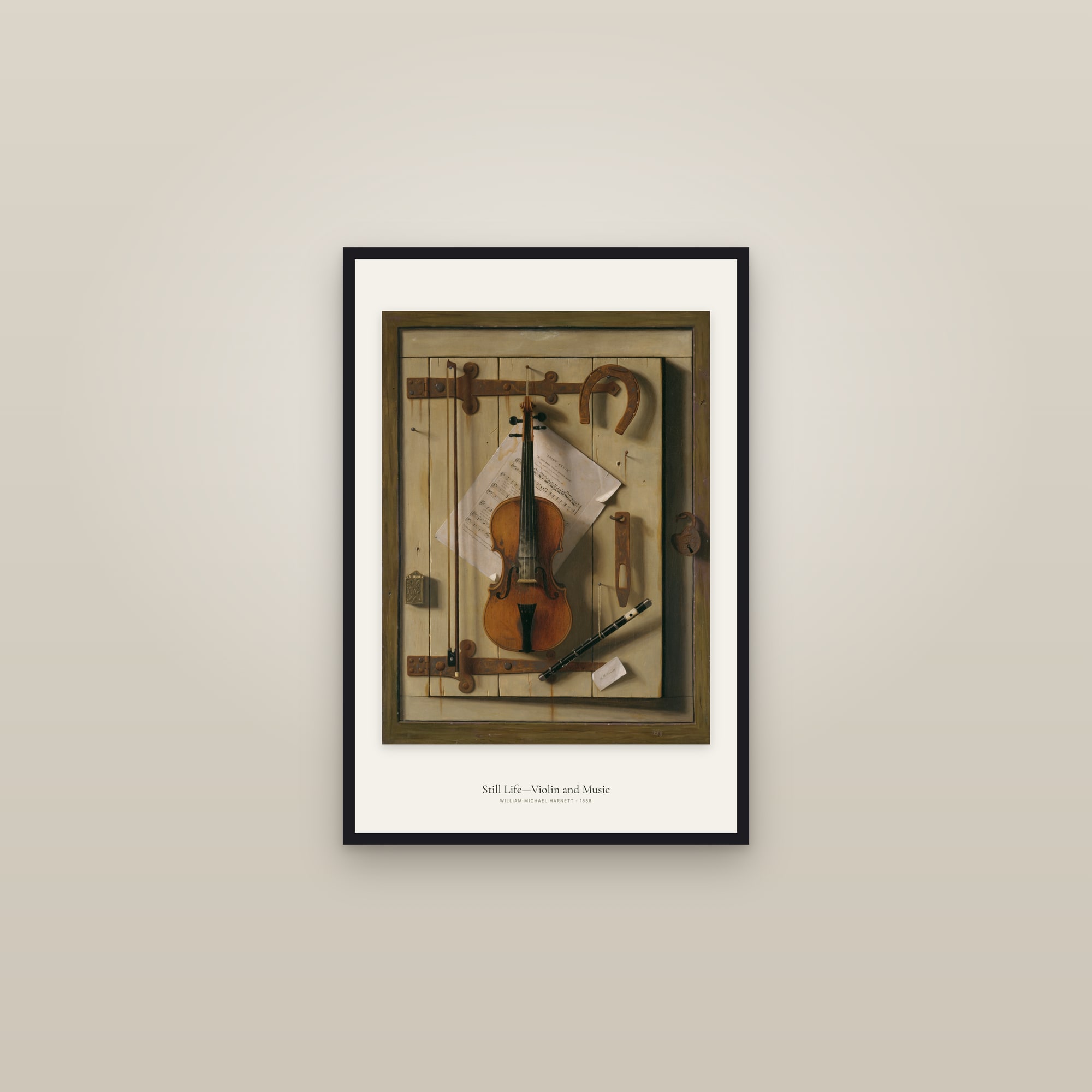 Still Life—Violin and Music — framed in a gallery setting