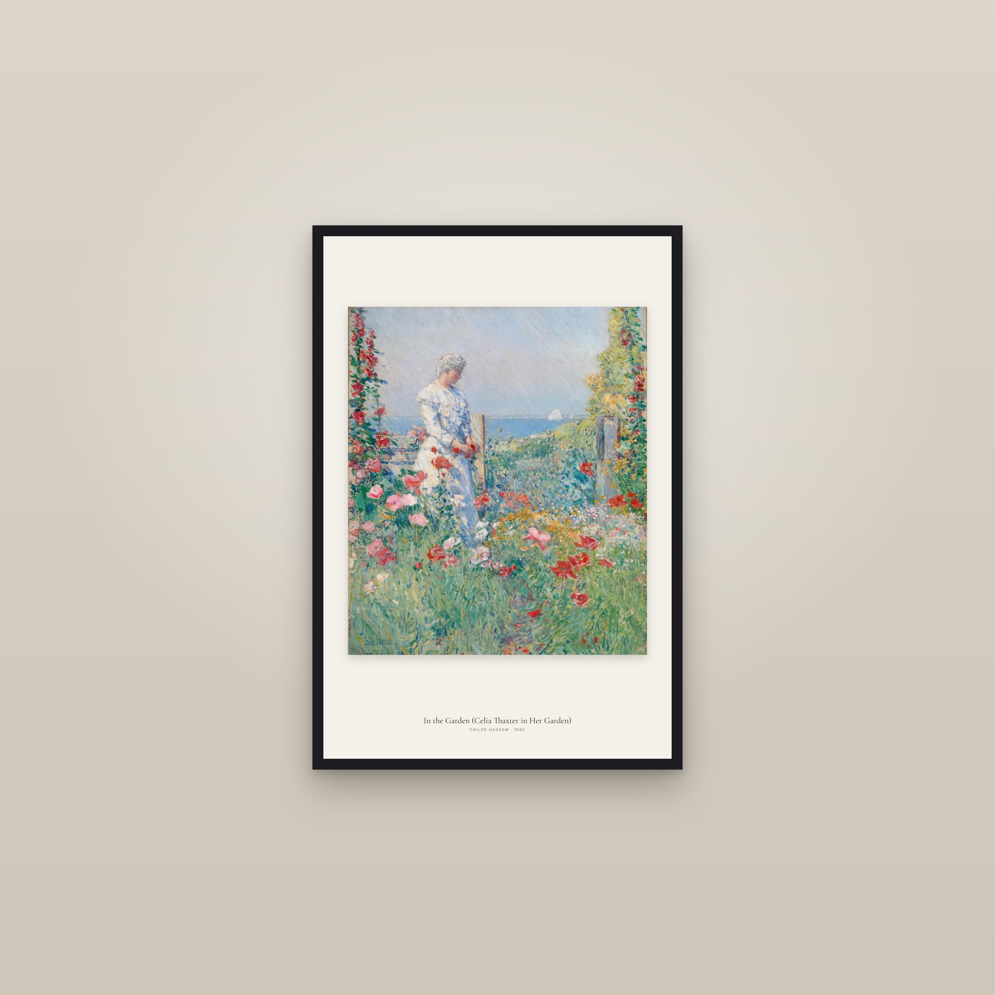 In the Garden (Celia Thaxter in Her Garden) — framed in a gallery setting