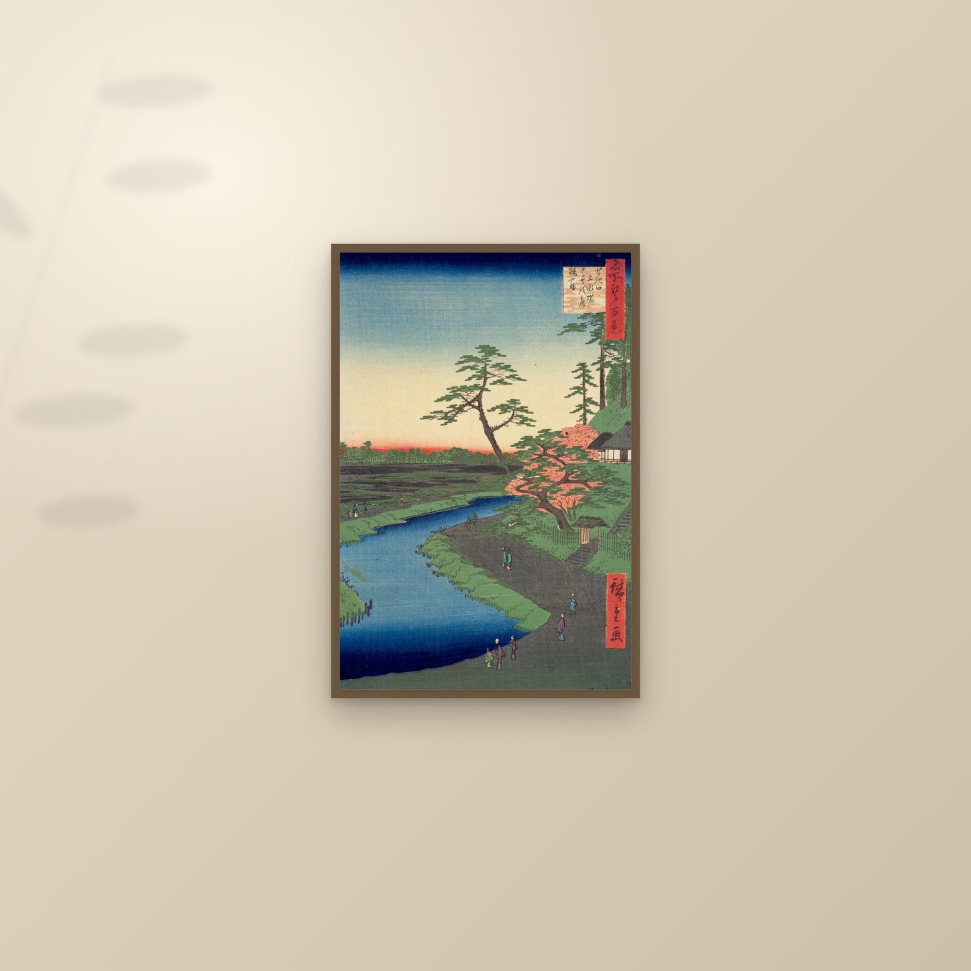 Bashō's Hermitage on Camellia Hill beside the Aqueduct at Sekiguchi (Full) — Full-Bleed Edition — framed and styled on a sunlit wall
