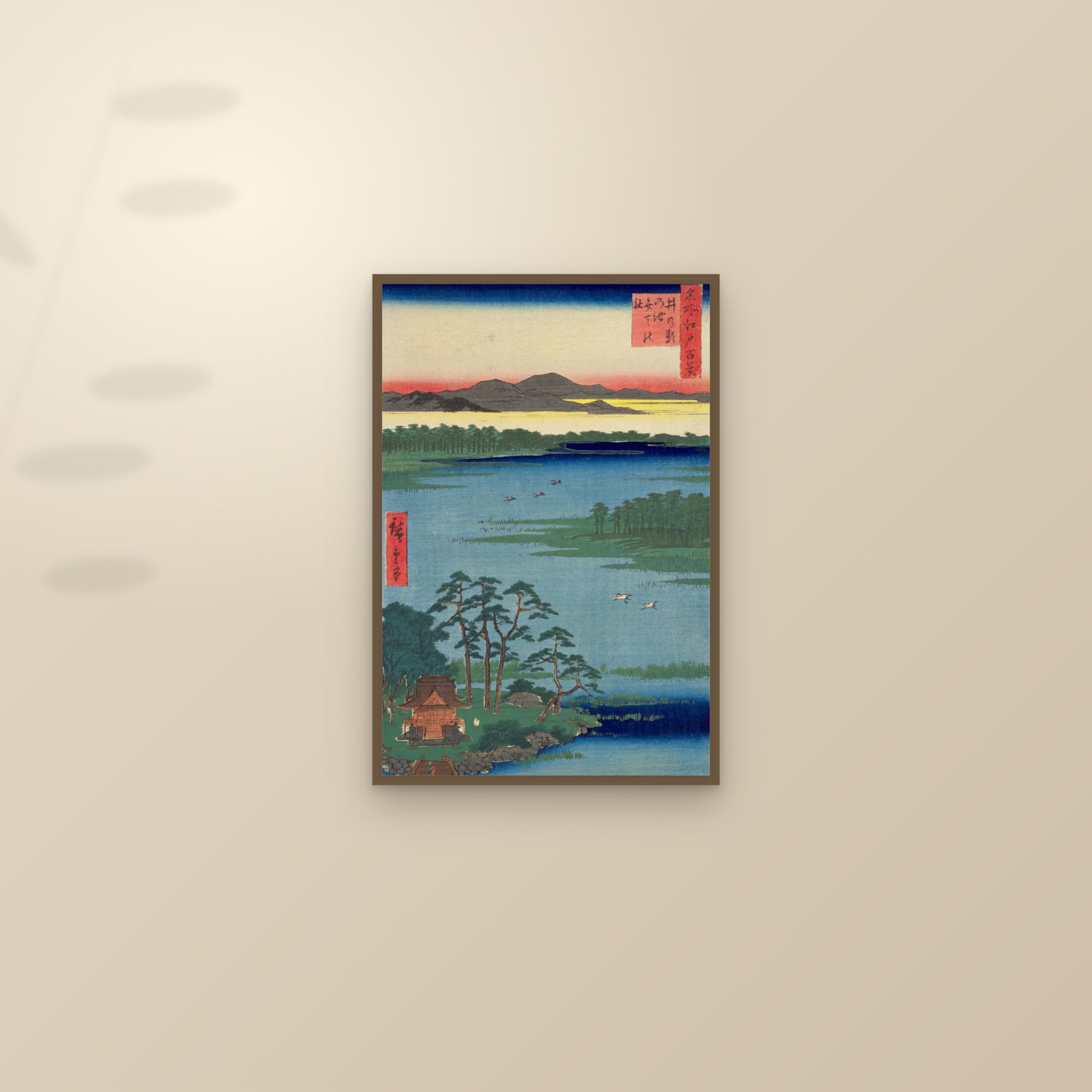 Benten Shrine at the Inokashira Pond (Full) — Full-Bleed Edition — framed and styled on a sunlit wall