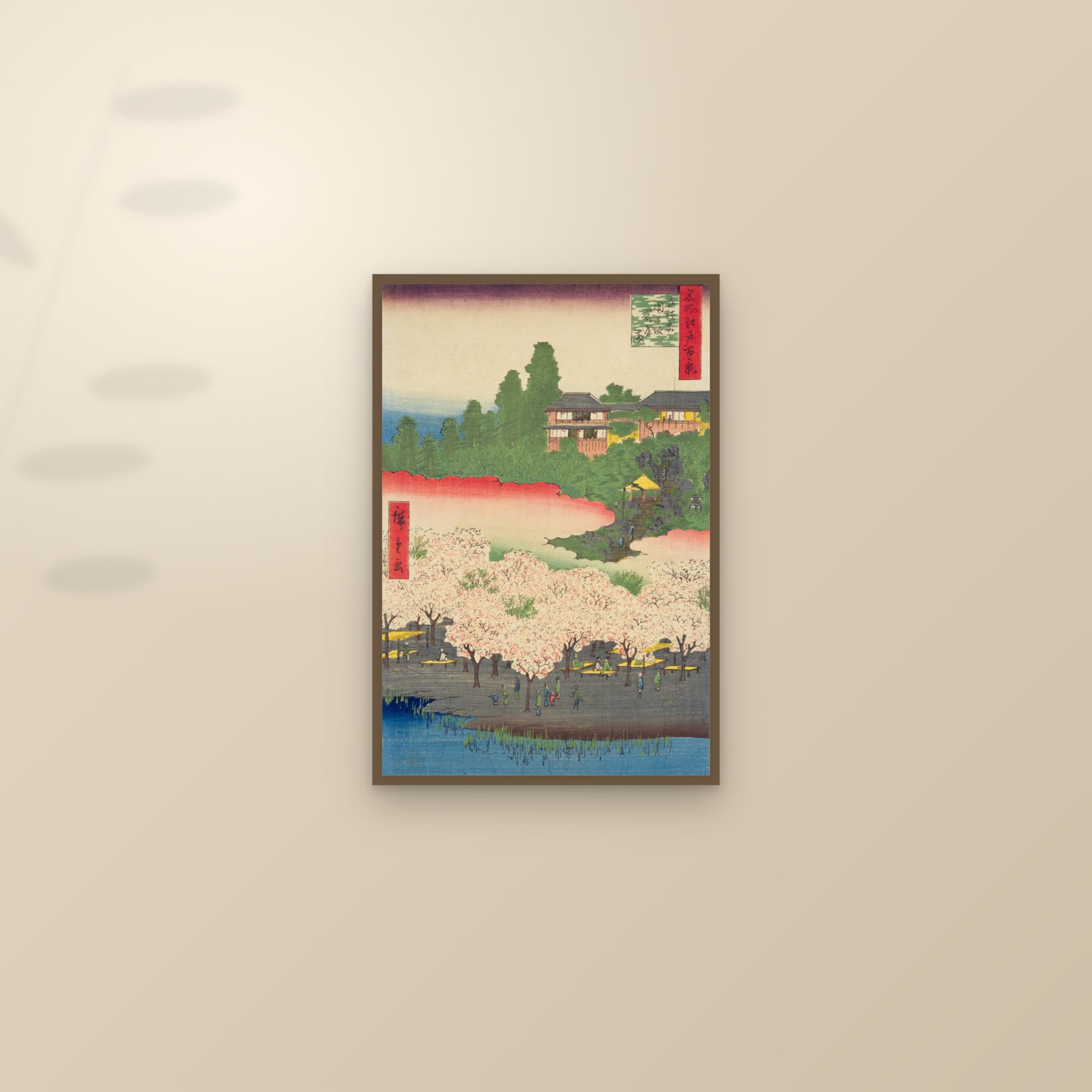Flower Park and Dangozaka Slope in Sendagi (Full) — Full-Bleed Edition — framed and styled on a sunlit wall