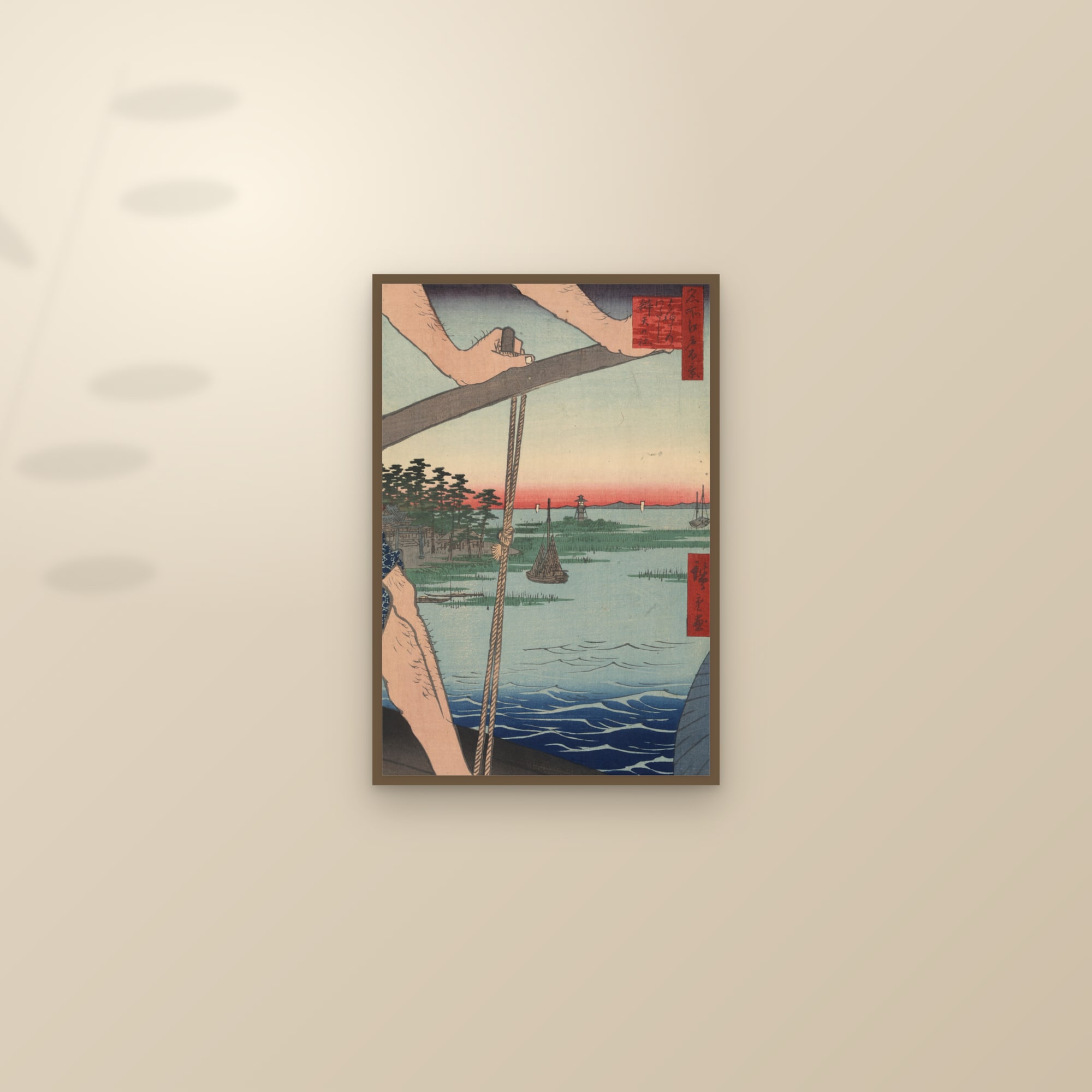 The Ferry at Haneda and the Benten Shrine (Full) — Full-Bleed Edition — framed and styled on a sunlit wall