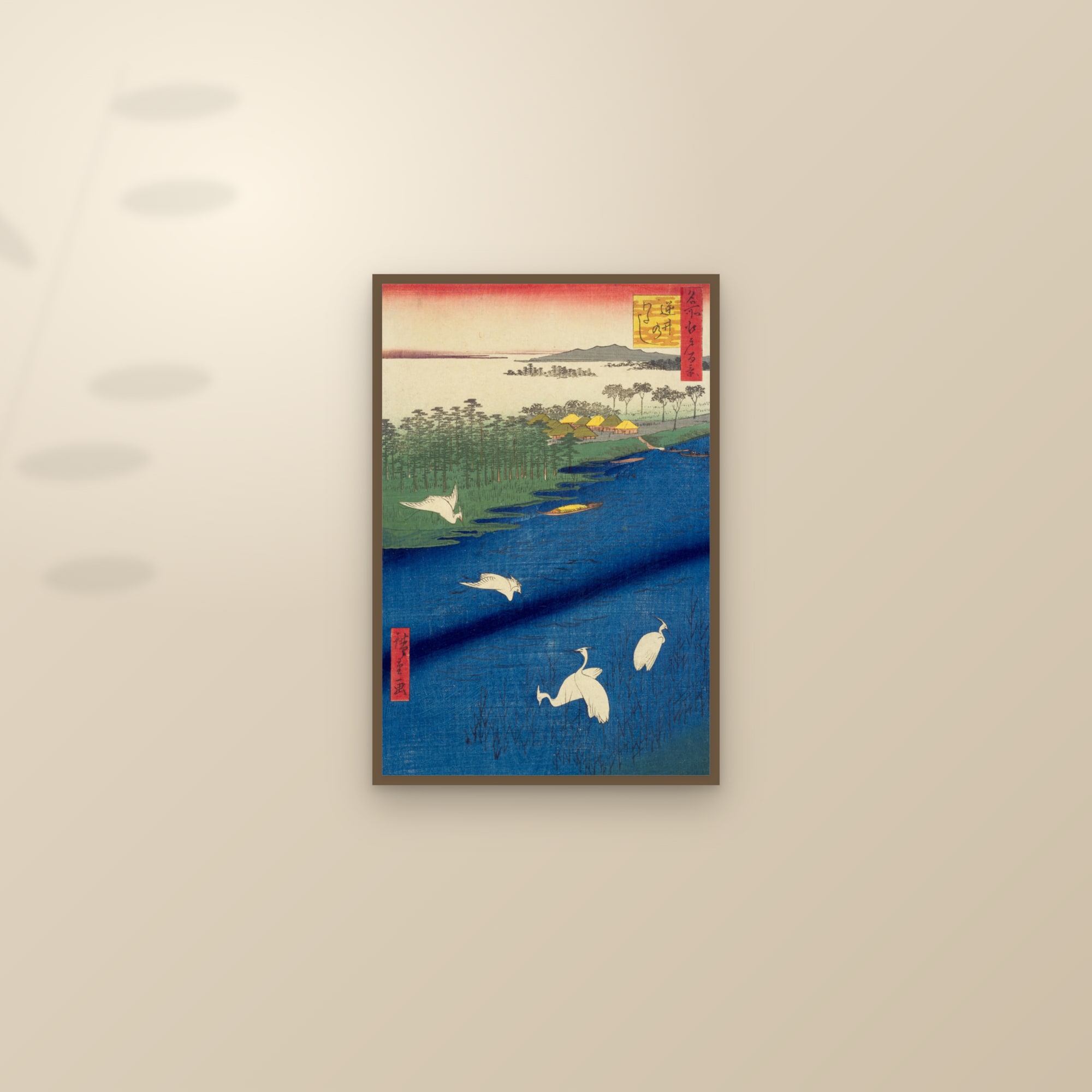 The Ferry at Sakasai (Full) — Full-Bleed Edition — framed and styled on a sunlit wall