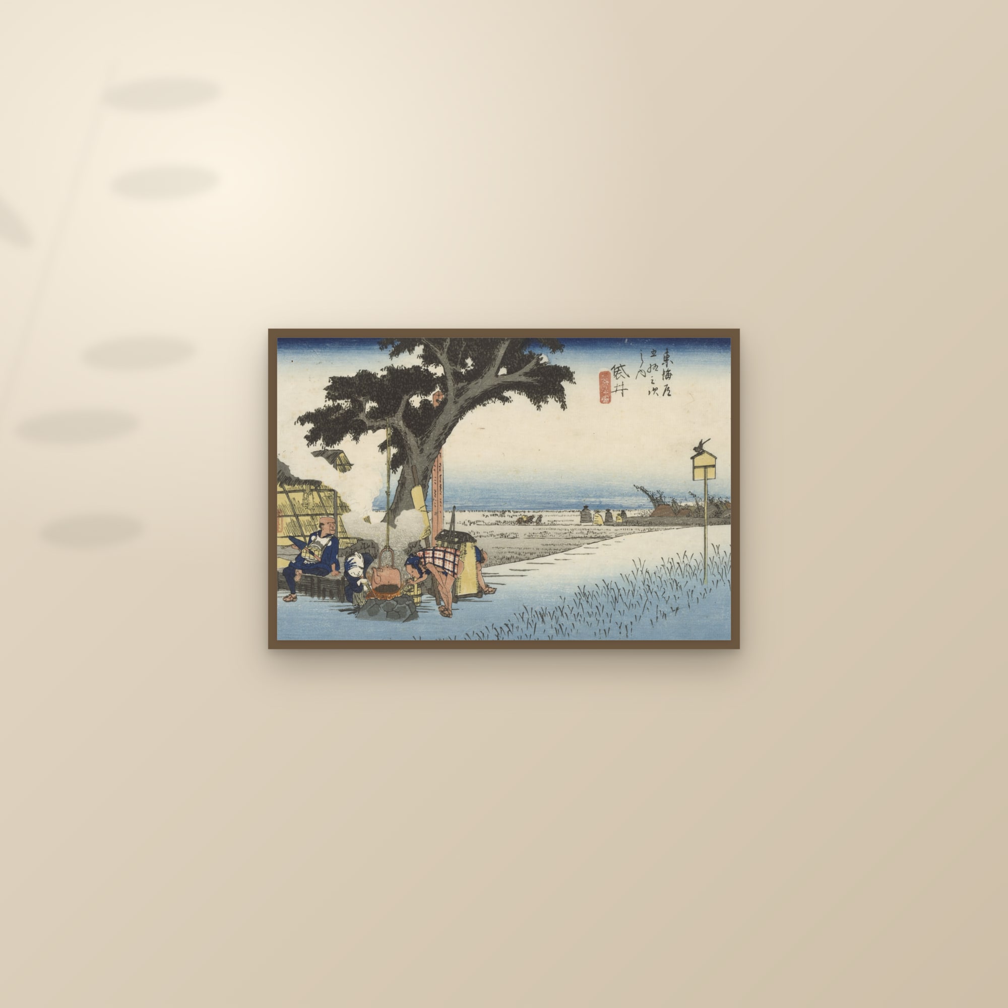 Fukuroi: Outdoor Tea Stall (Full) — Full-Bleed Edition — framed and styled on a sunlit wall