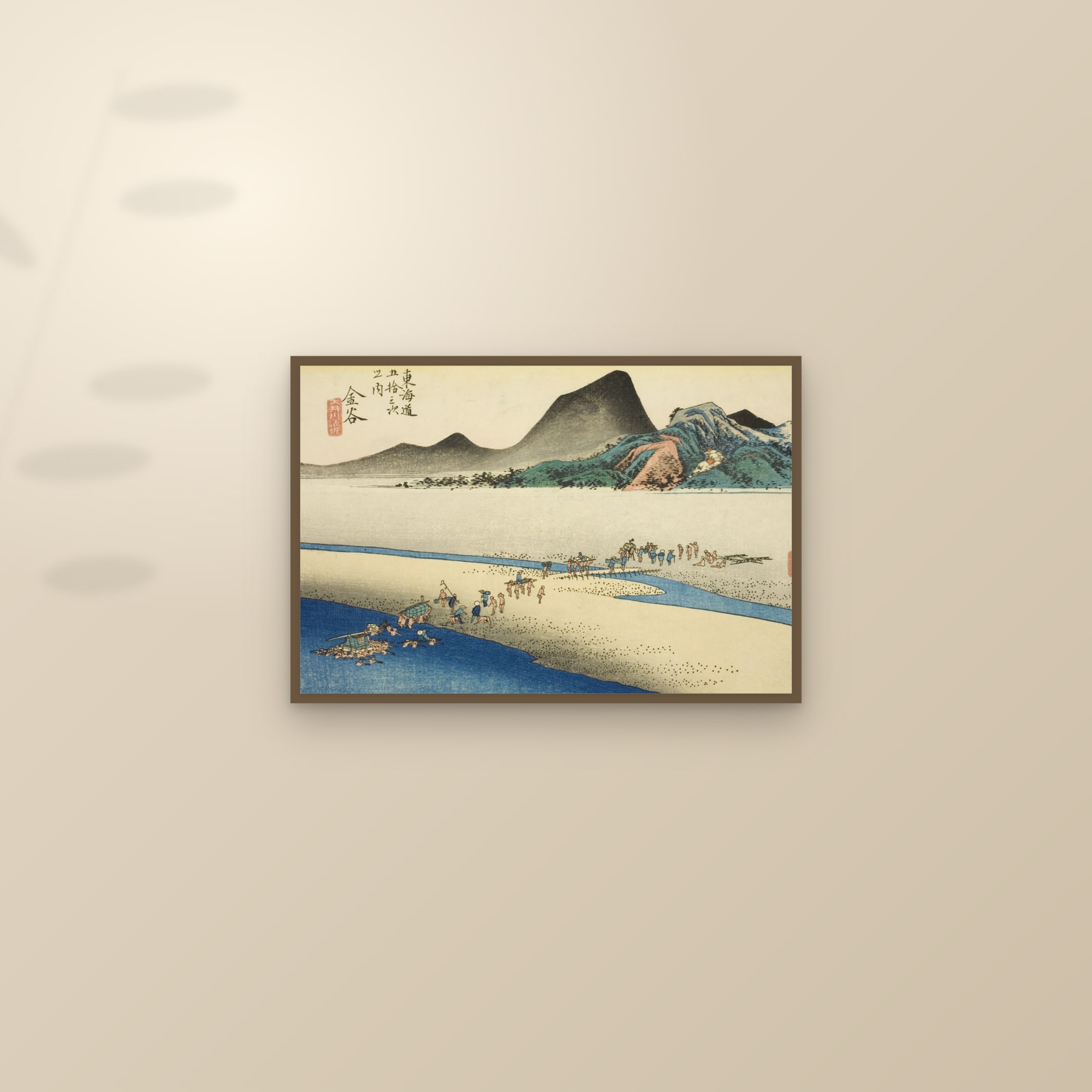 Kanaya: The Far Bank of the Ōi River (Full) — Full-Bleed Edition — framed and styled on a sunlit wall