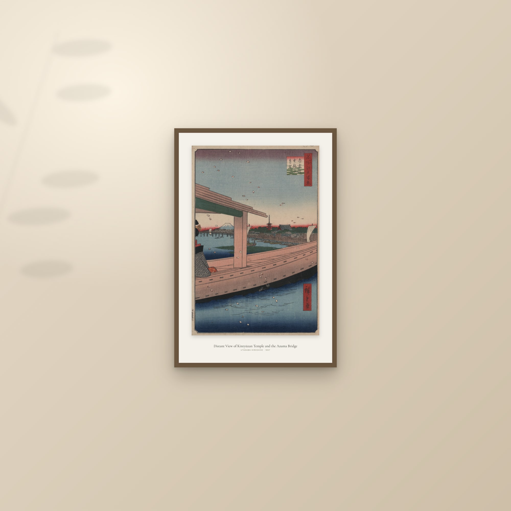 Distant View of Kinryūzan Temple and the Azuma Bridge — framed and styled on a sunlit wall