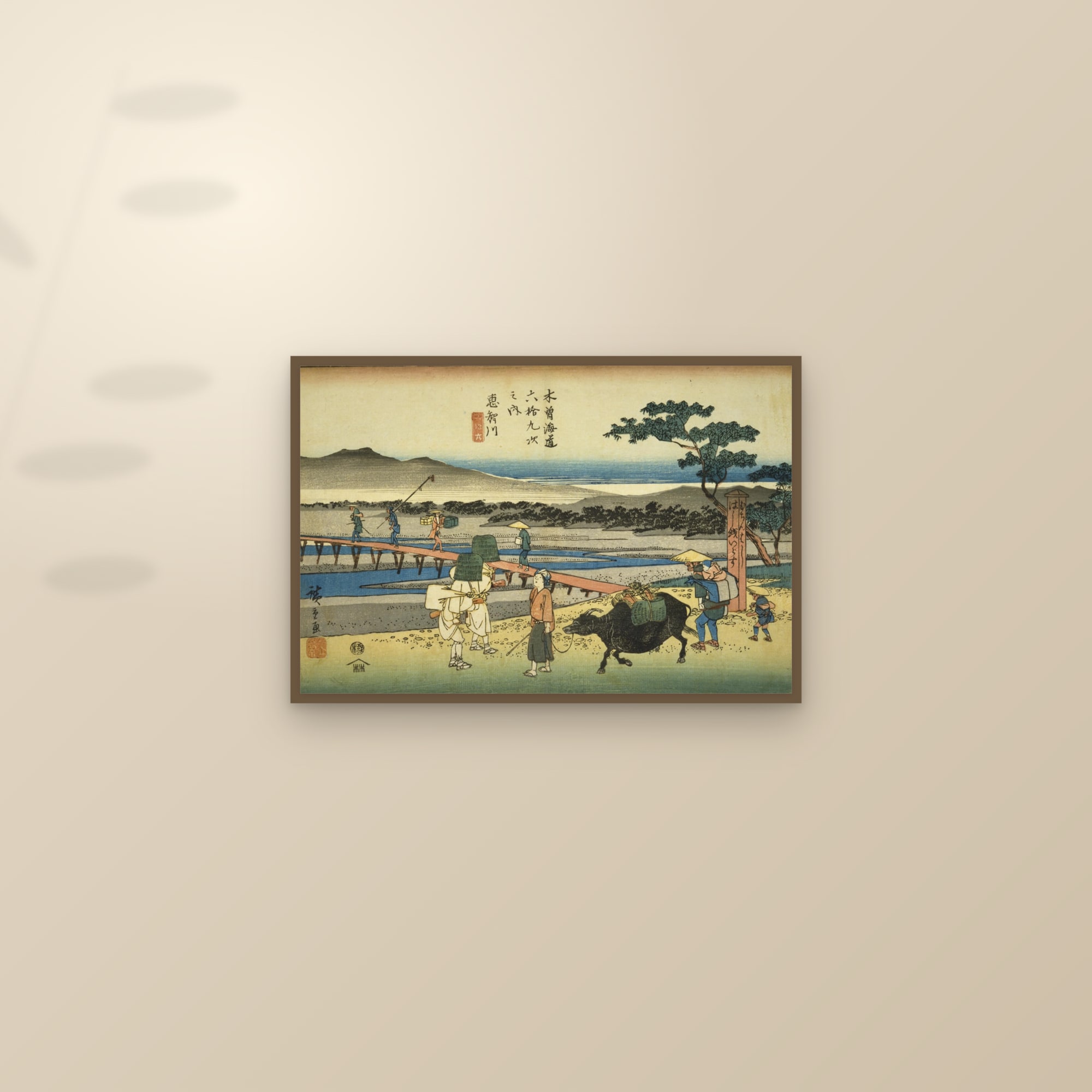 Echigawa: Crossing the Echi River (Full) — Full-Bleed Edition — framed and styled on a sunlit wall