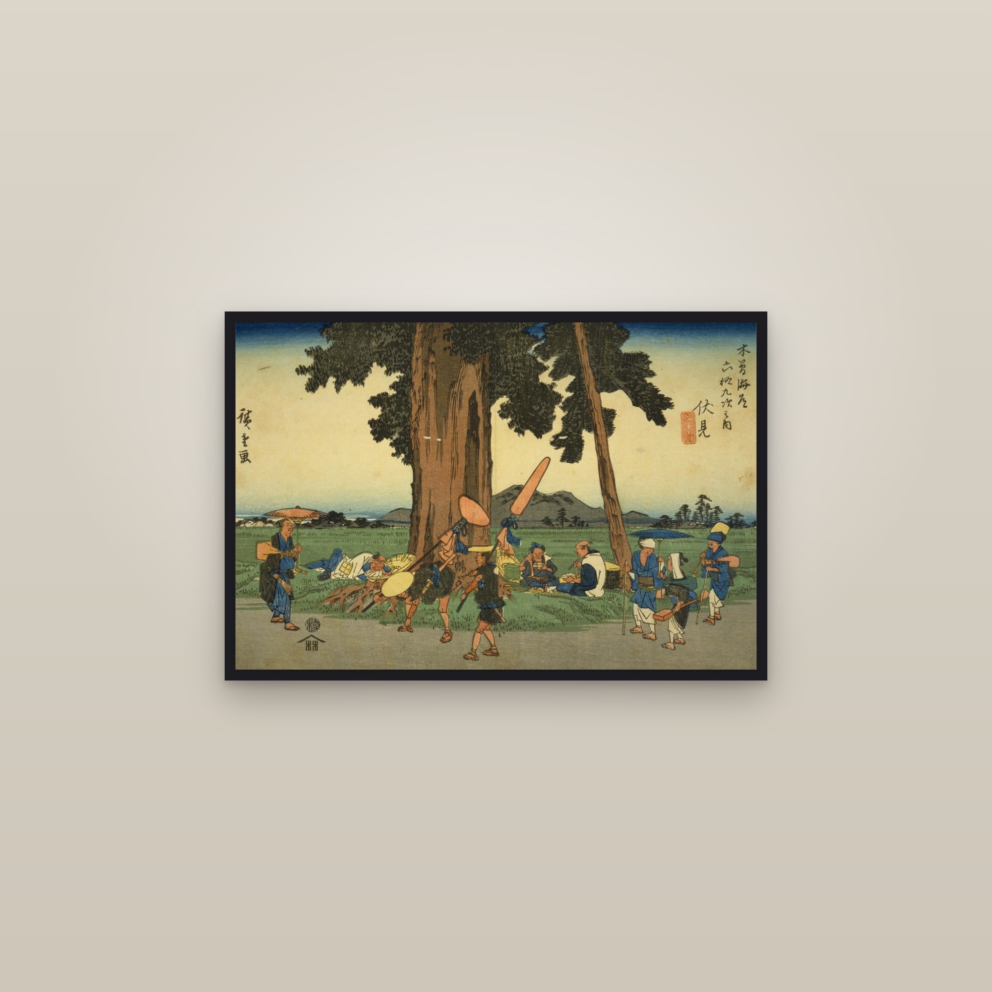 Fushimi: Travellers Resting under a Great Tree (Full) — Full-Bleed Edition — framed in a gallery setting