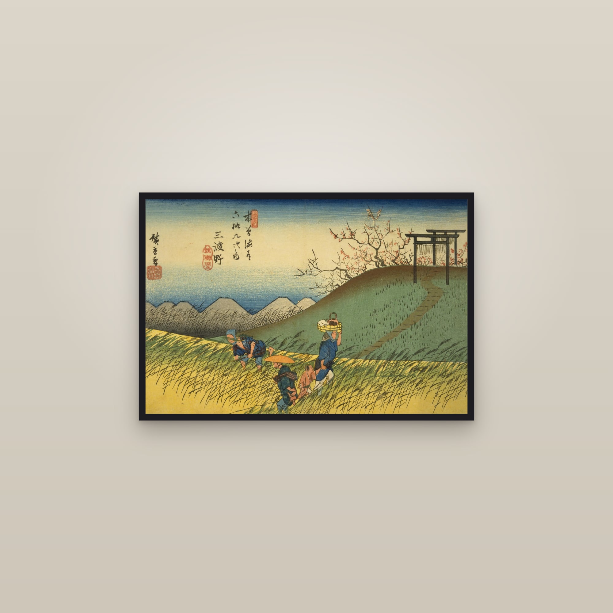 Midono: Spring Fields by a Shrine Gate (Full) — Full-Bleed Edition — framed in a gallery setting