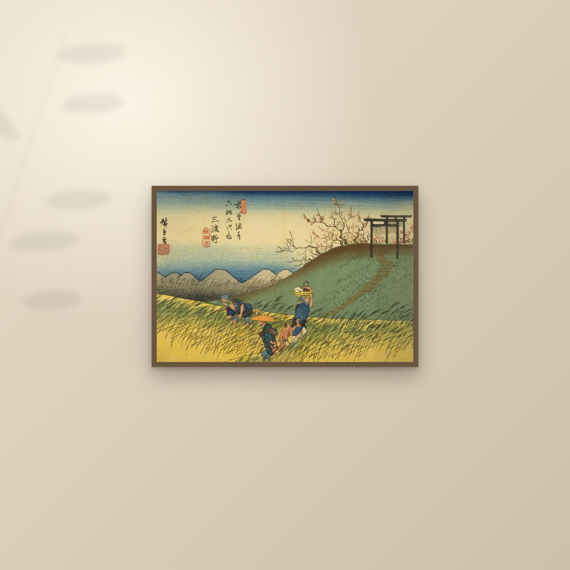 Midono: Spring Fields by a Shrine Gate (Full) — Full-Bleed Edition — framed and styled on a sunlit wall