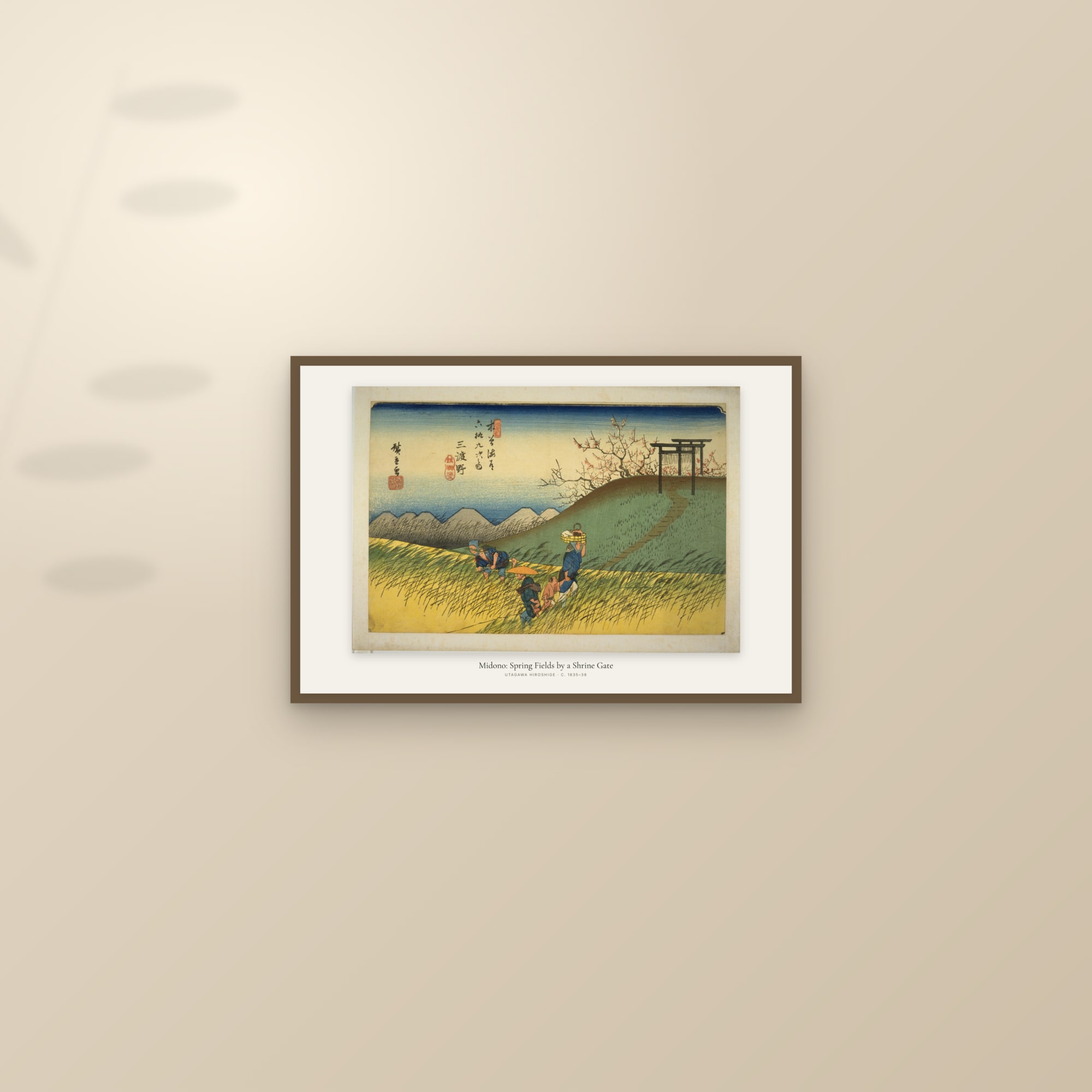 Midono: Spring Fields by a Shrine Gate — framed and styled on a sunlit wall