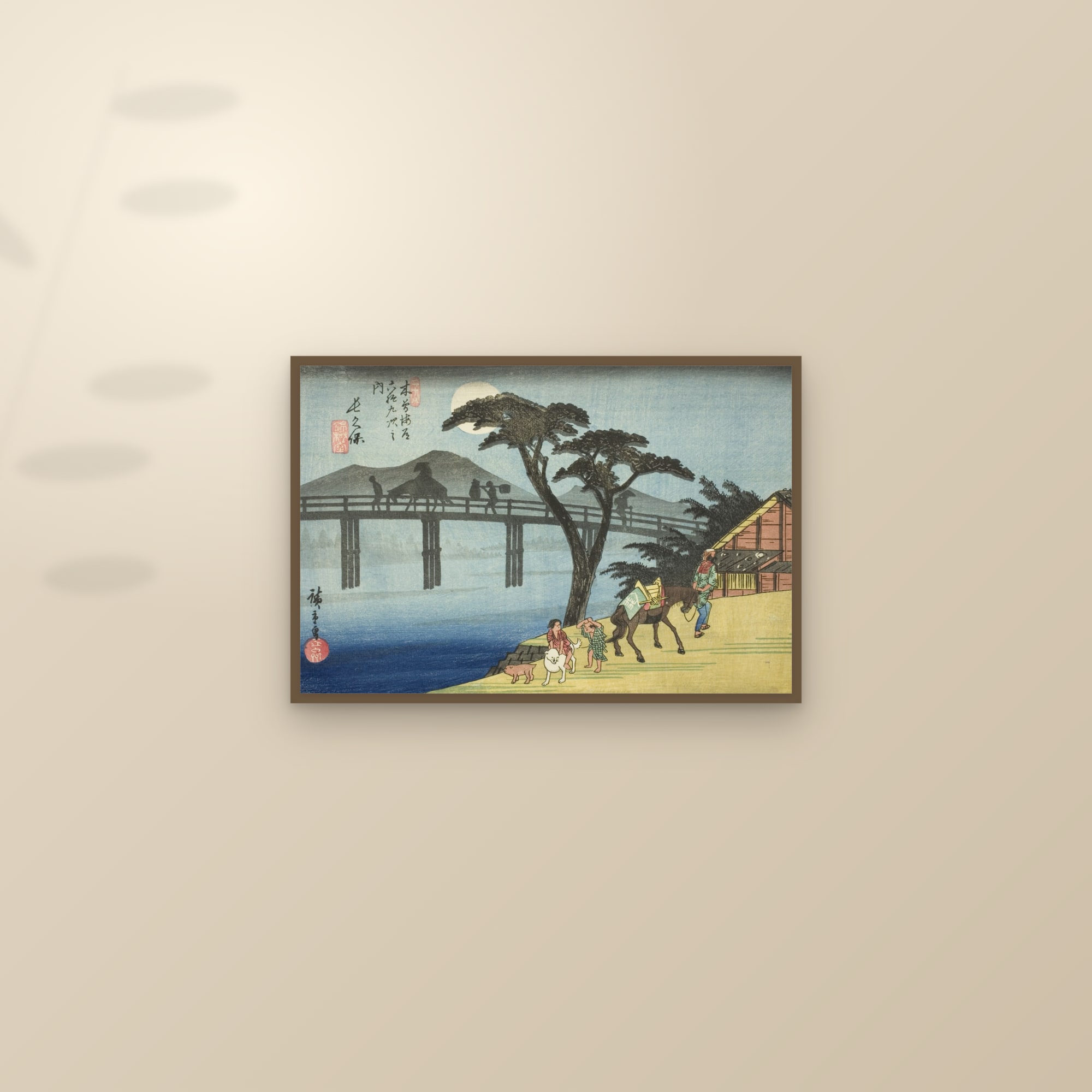 Nagakubo: Full Moon over the Bridge (Full) — Full-Bleed Edition — framed and styled on a sunlit wall