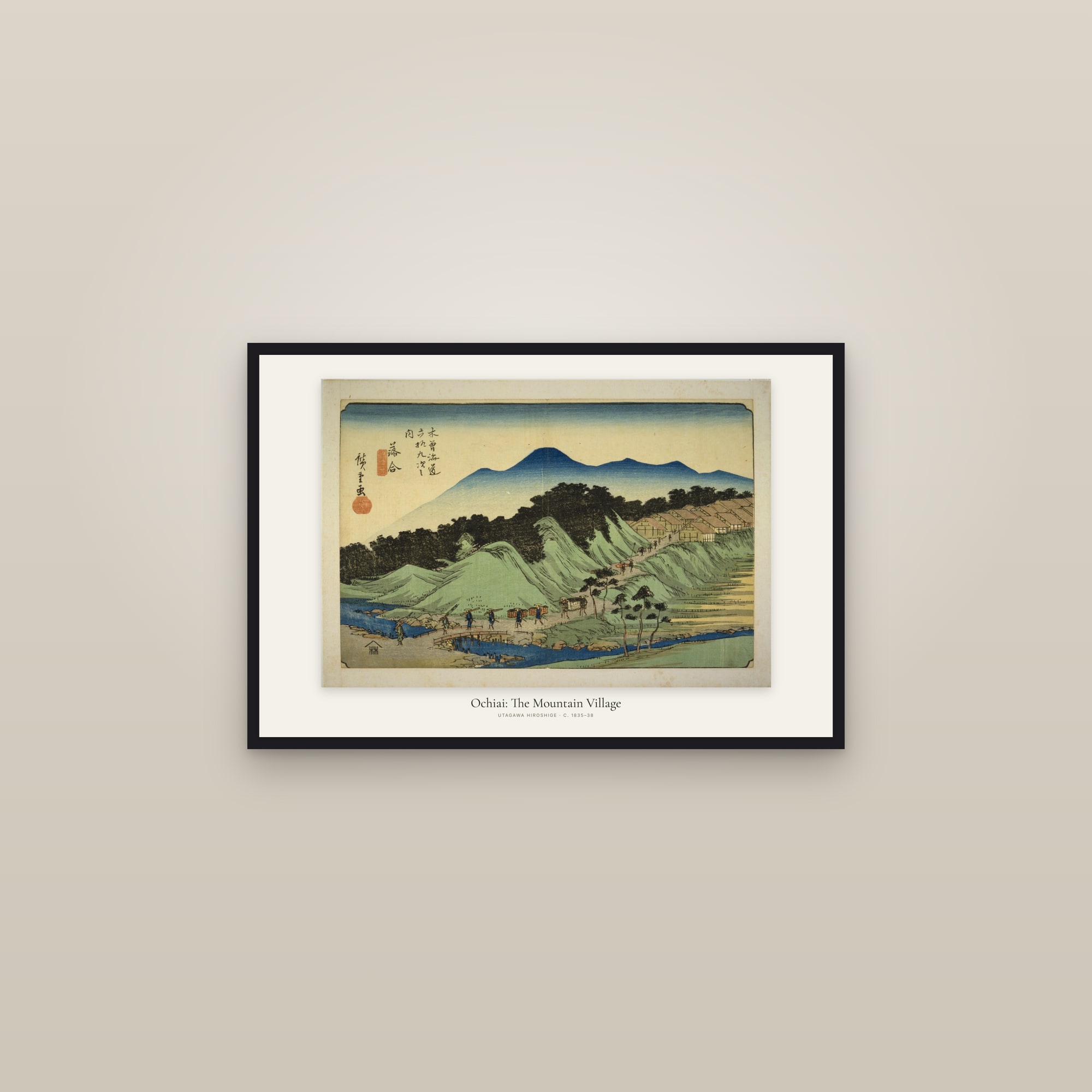 Ochiai: The Mountain Village — framed in a gallery setting