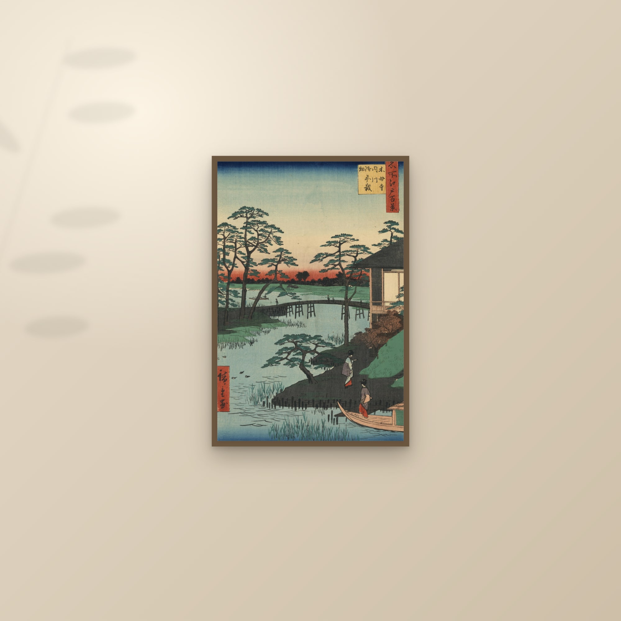 Mokuboji Temple and Vegetable Fields on Uchigawa Inlet (Full) — Full-Bleed Edition — framed and styled on a sunlit wall