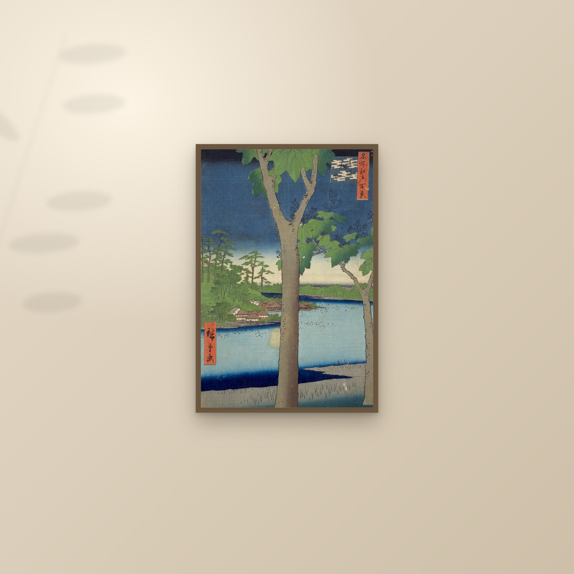 The Paulownia Garden at Akasaka (Full) — Full-Bleed Edition — framed and styled on a sunlit wall