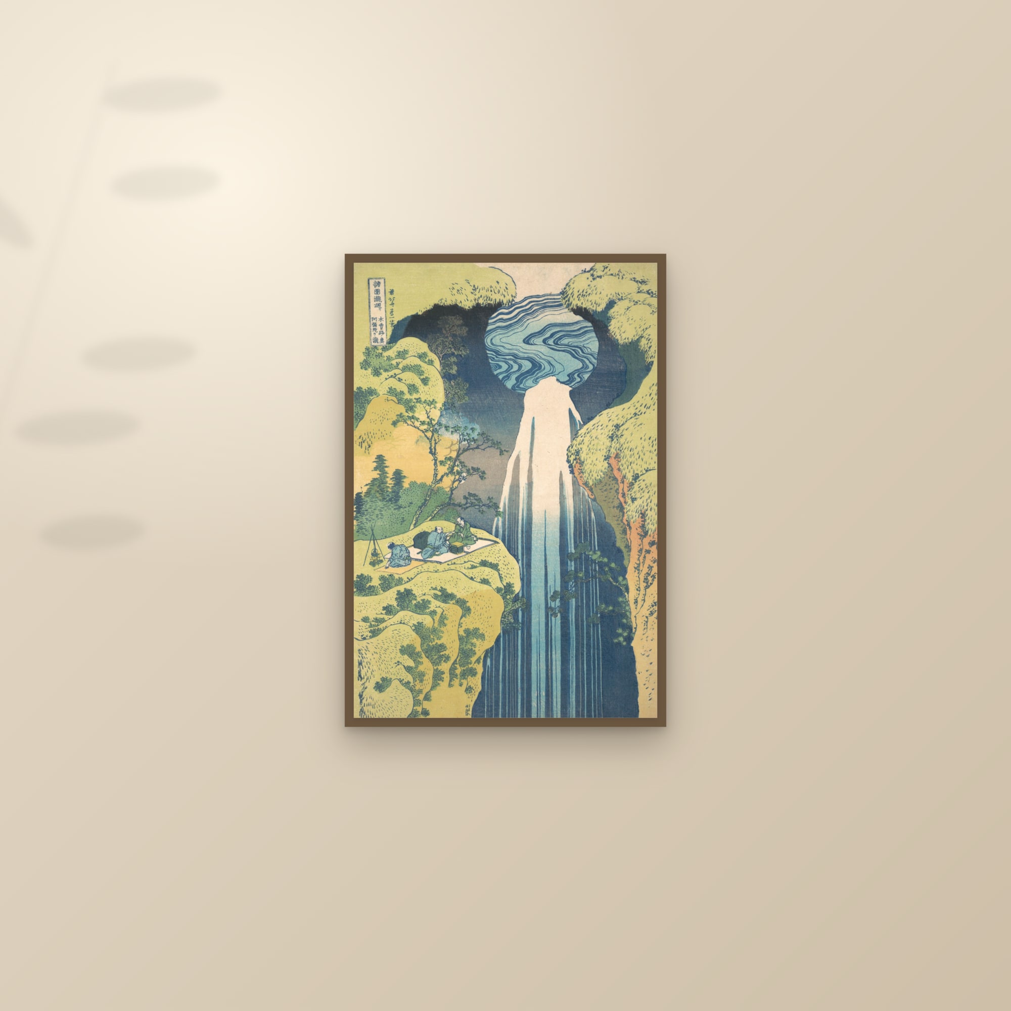The Amida Falls on the Kiso Road (Full) — Full-Bleed Edition — framed and styled on a sunlit wall