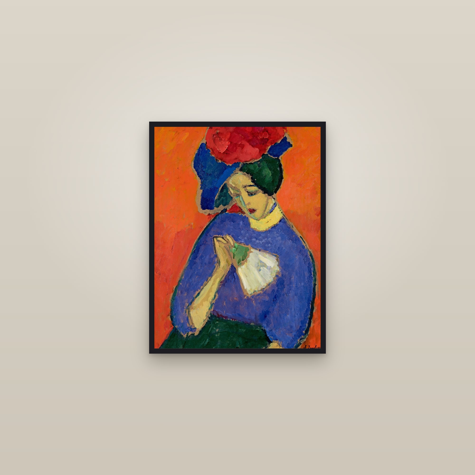 Lady with Fan (Full) — Full-Bleed Edition — framed in a gallery setting