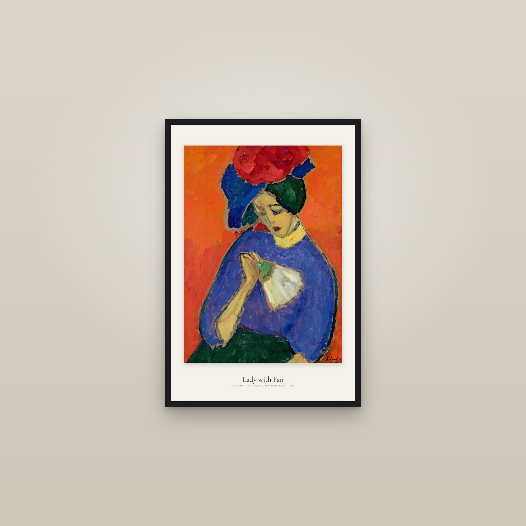 Lady with Fan — framed in a gallery setting