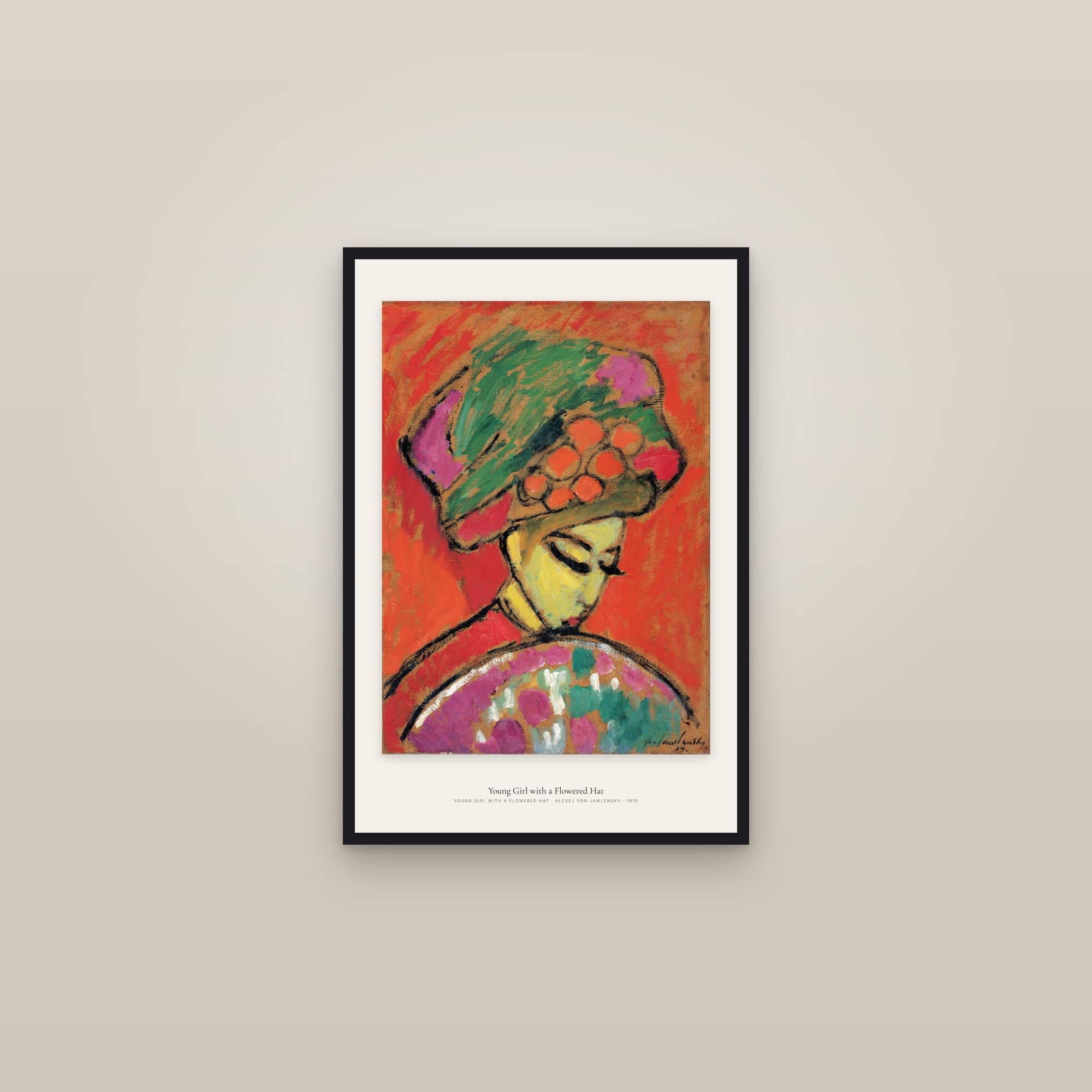 Young Girl with a Flowered Hat — framed in a gallery setting