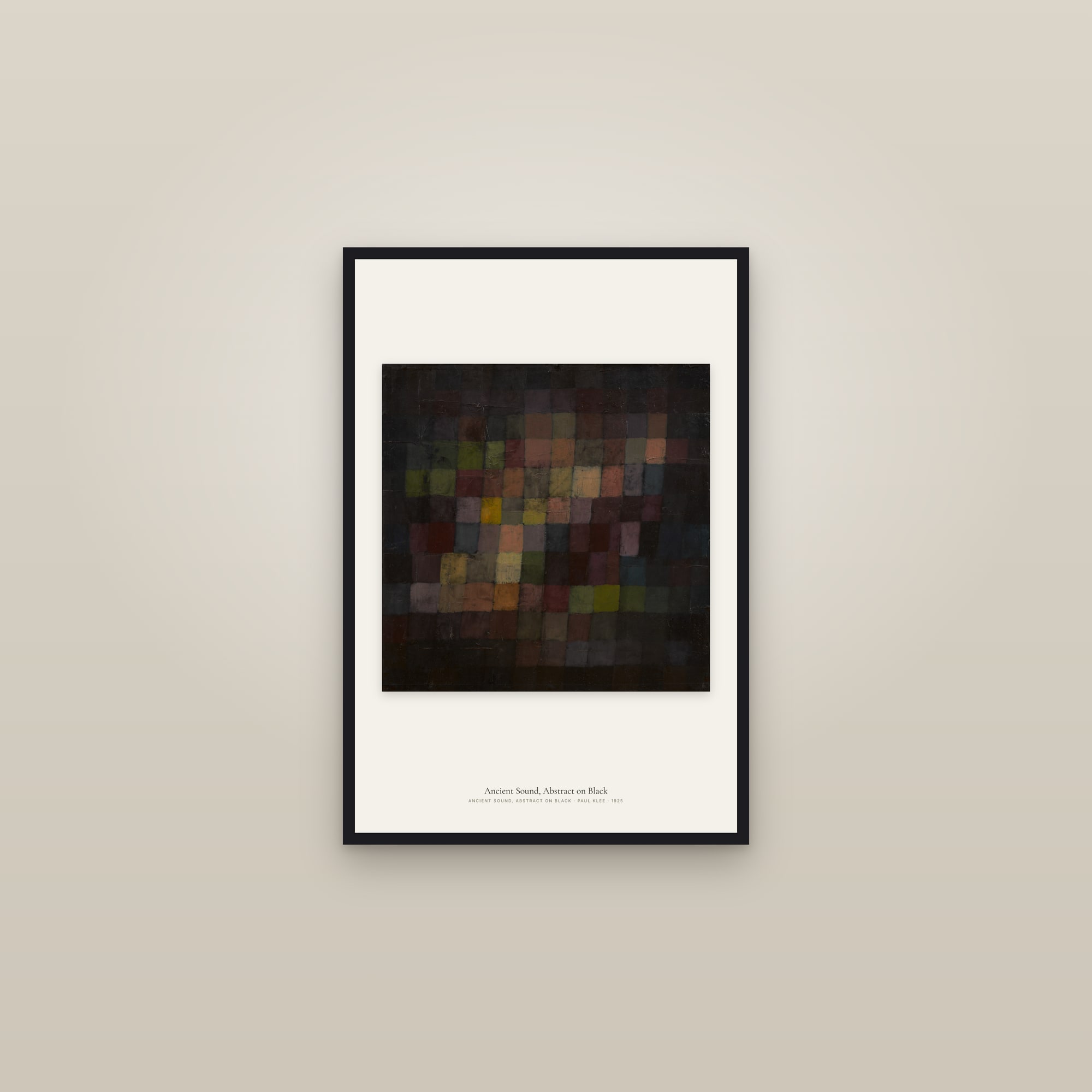 Ancient Sound, Abstract on Black — framed in a gallery setting