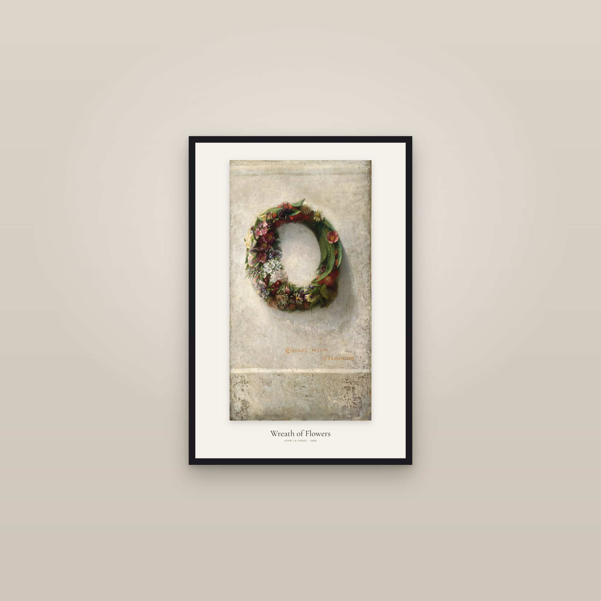 Wreath of Flowers — framed in a gallery setting